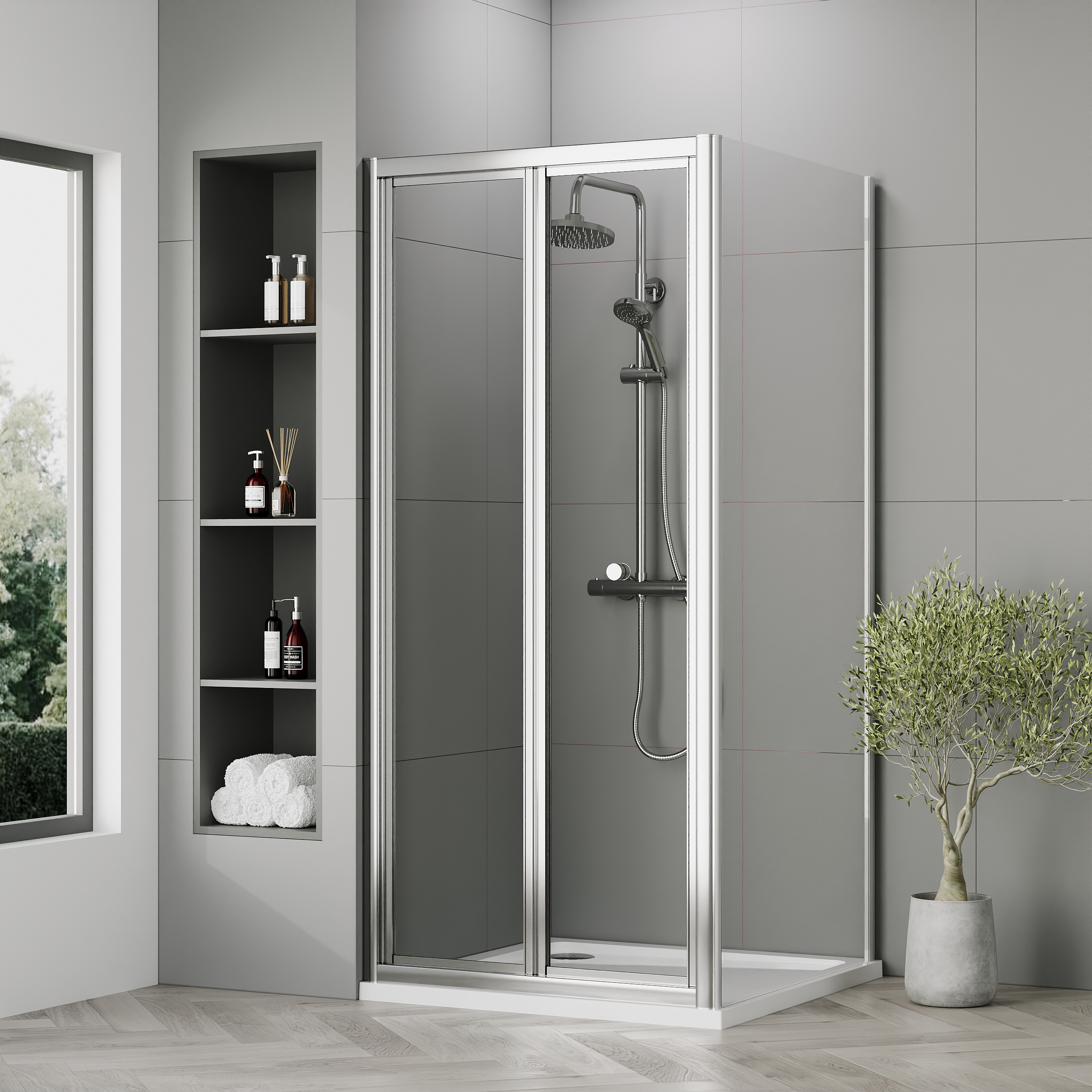 Nuie Chrome Bi-Fold Door Side Panel Tray & Waste Shower Enclosure Package - 900 x 900mm