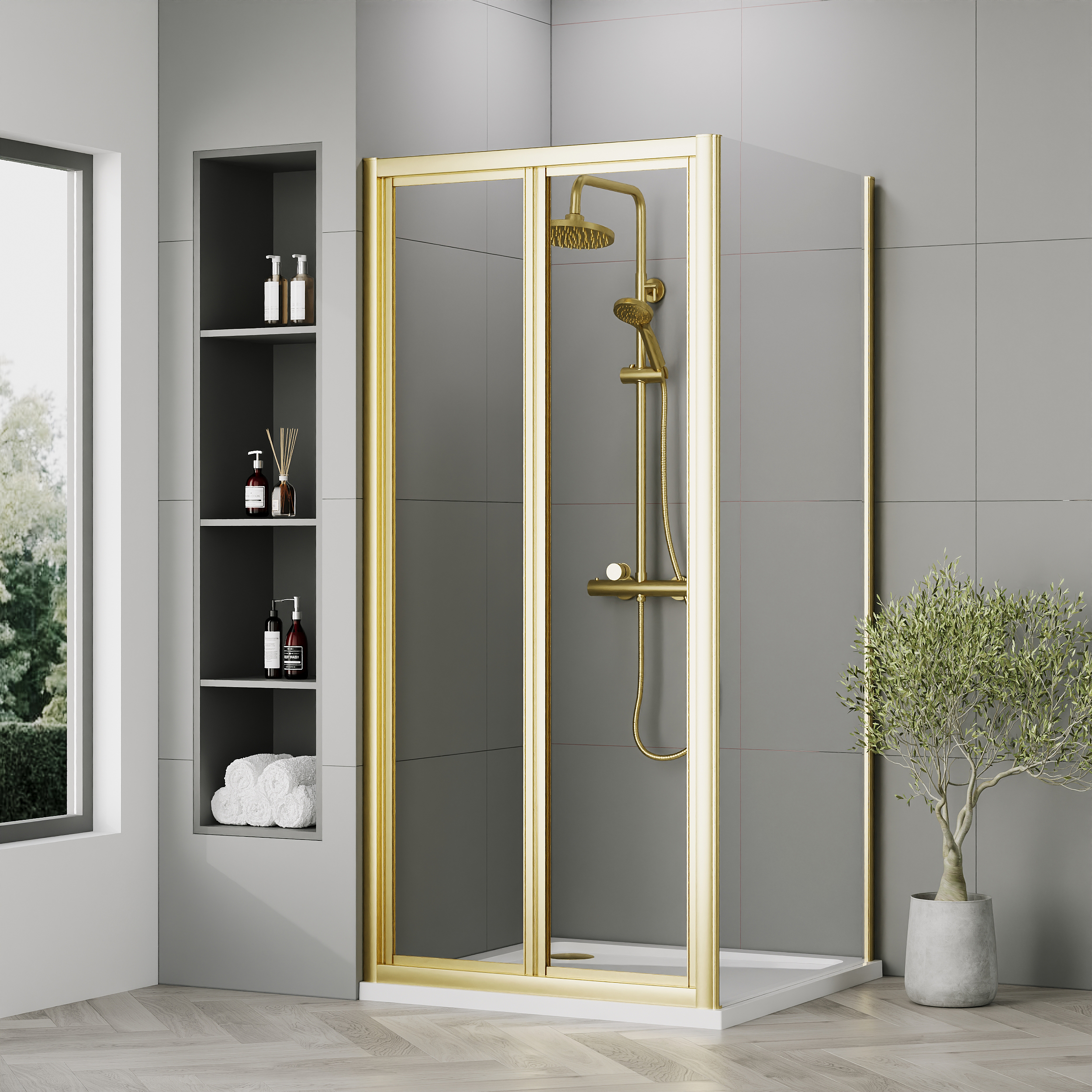 Nuie Brushed Brass Bi-Fold Door Side Panel Tray & Waste Shower Enclosure Package - 900 x 900mm