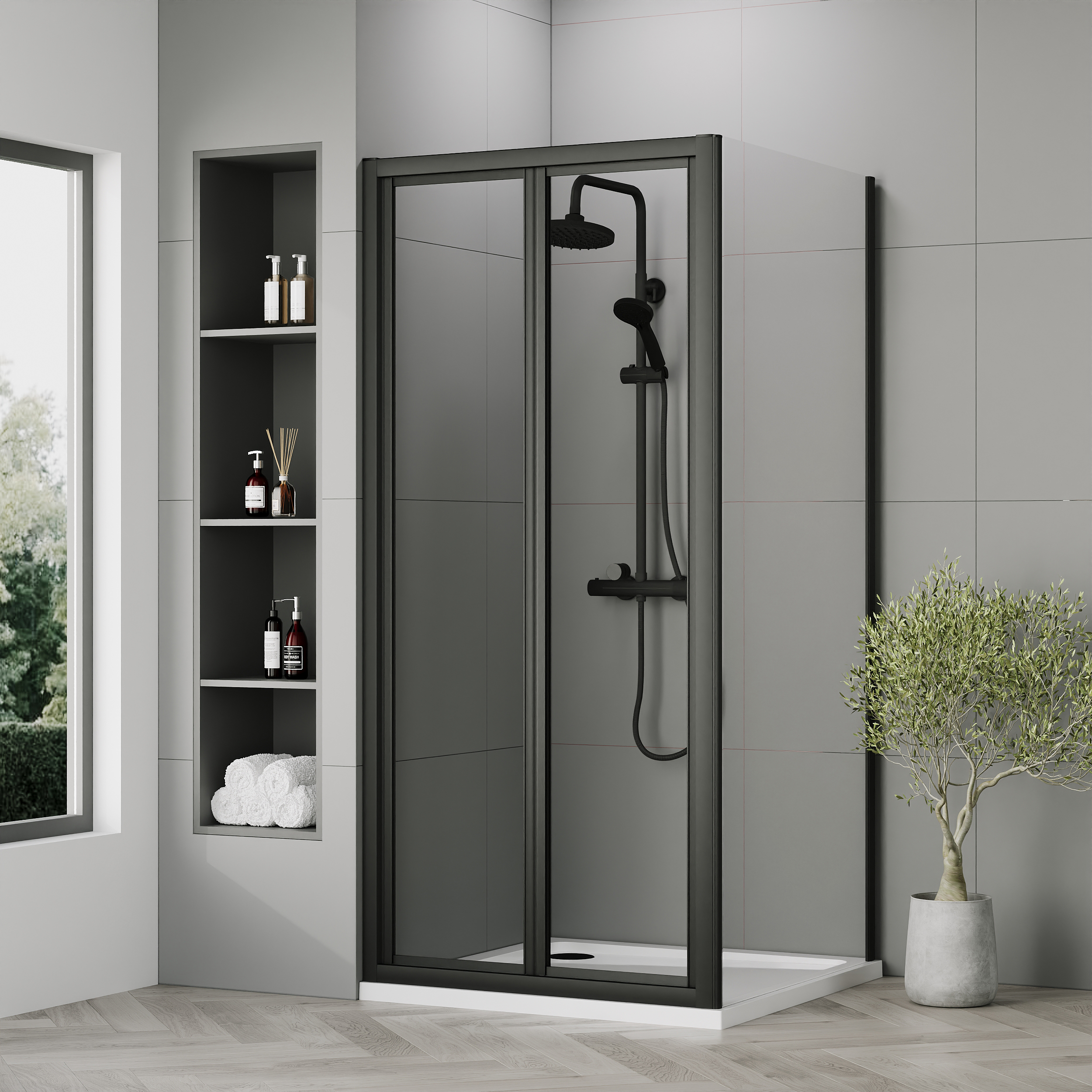 Nuie Matt Black Bi-Fold Door Side Panel Tray & Waste Shower Enclosure Package - 900 x 900mm