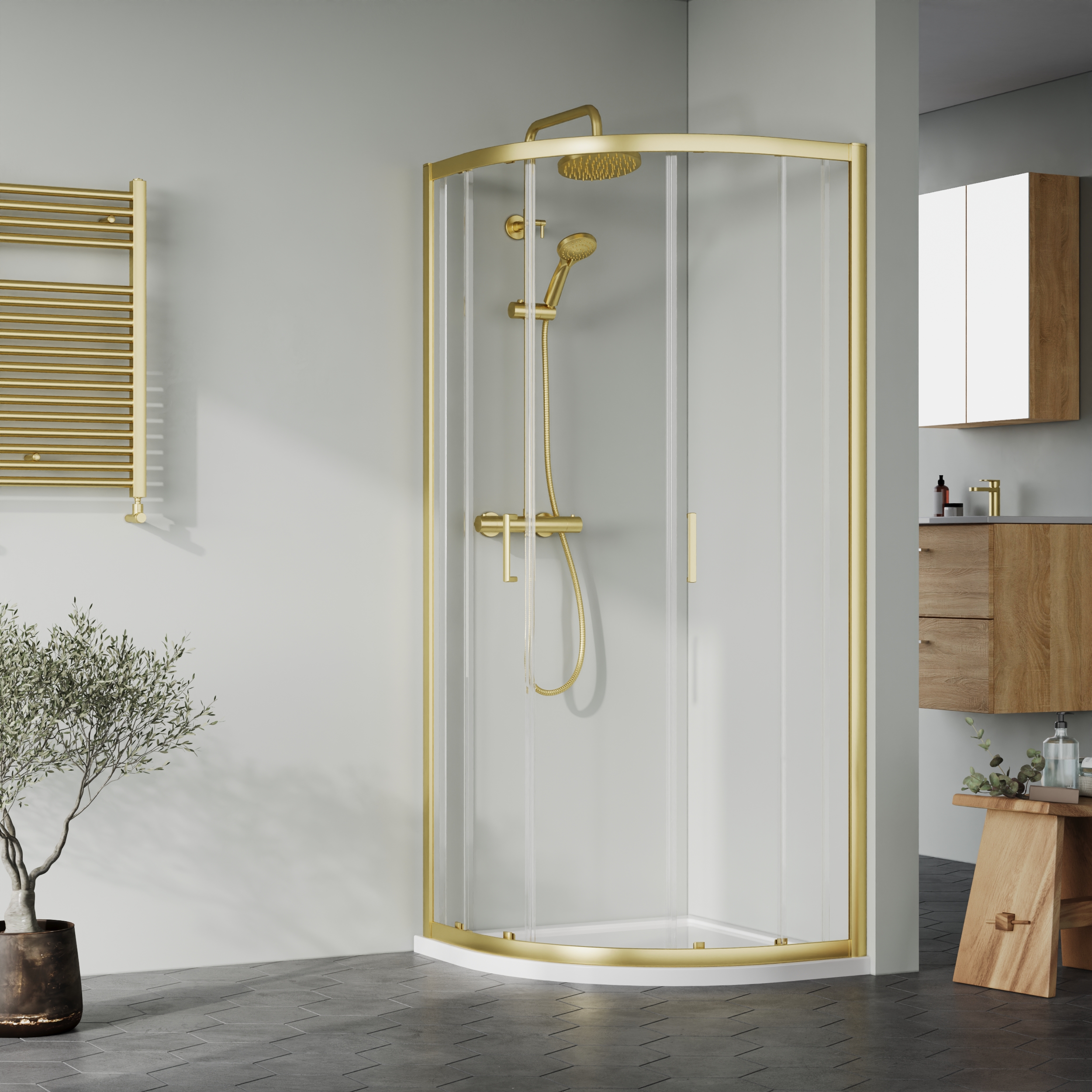 Nuie Brushed Brass Quadrant Shower Enclosure Tray &