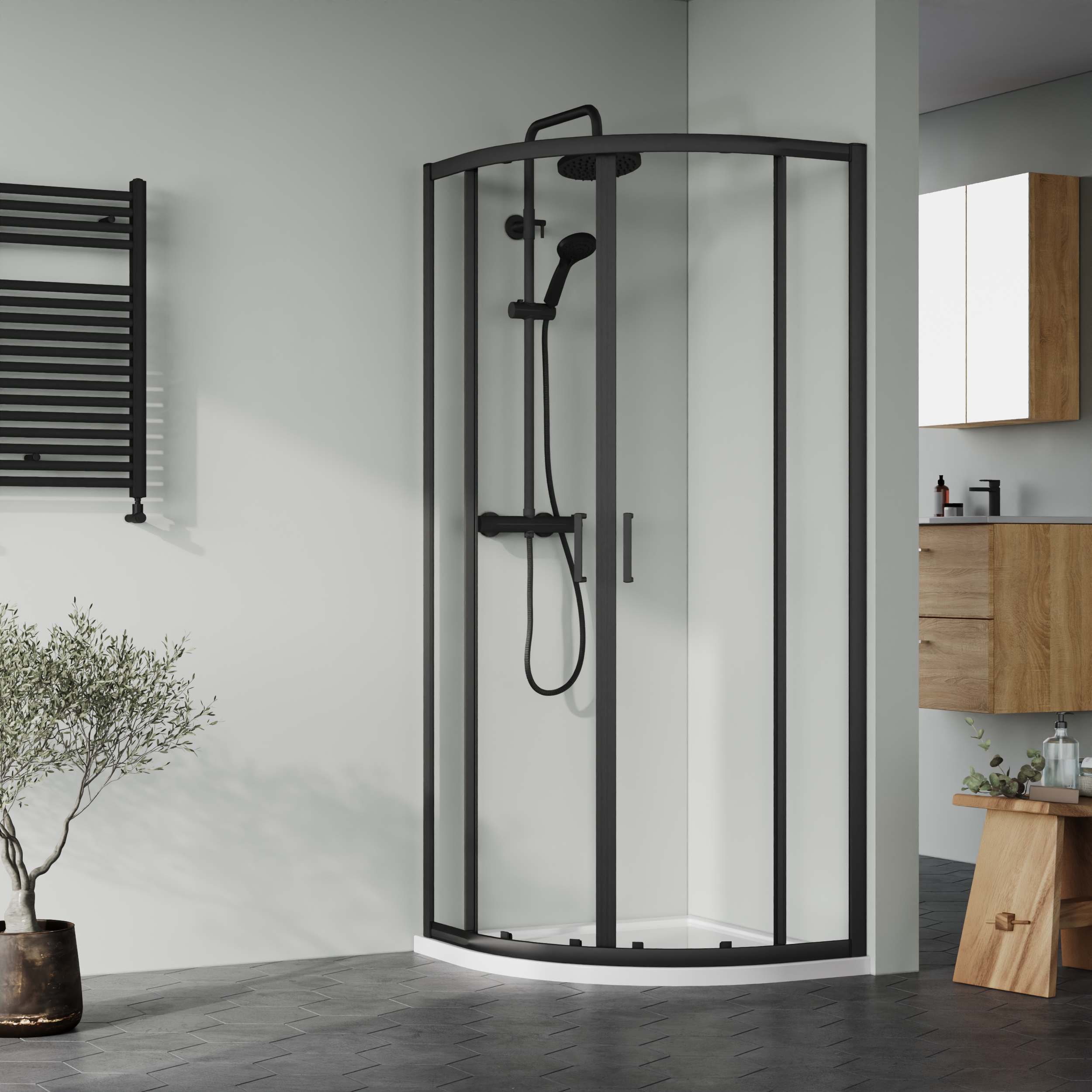 Nuie Matt Black Quadrant Shower Enclosure Tray & Waste Shower Enclosure Package- 800 x 800mm