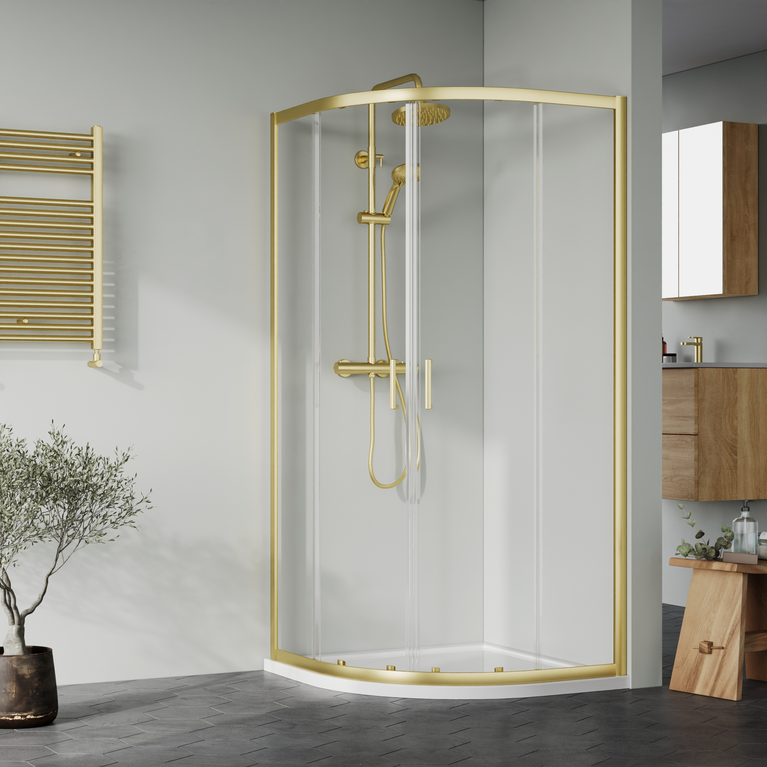 Nuie Brushed Brass Quadrant Shower Enclosure Tray & Waste Shower Enclosure Package - 900 x 900mm