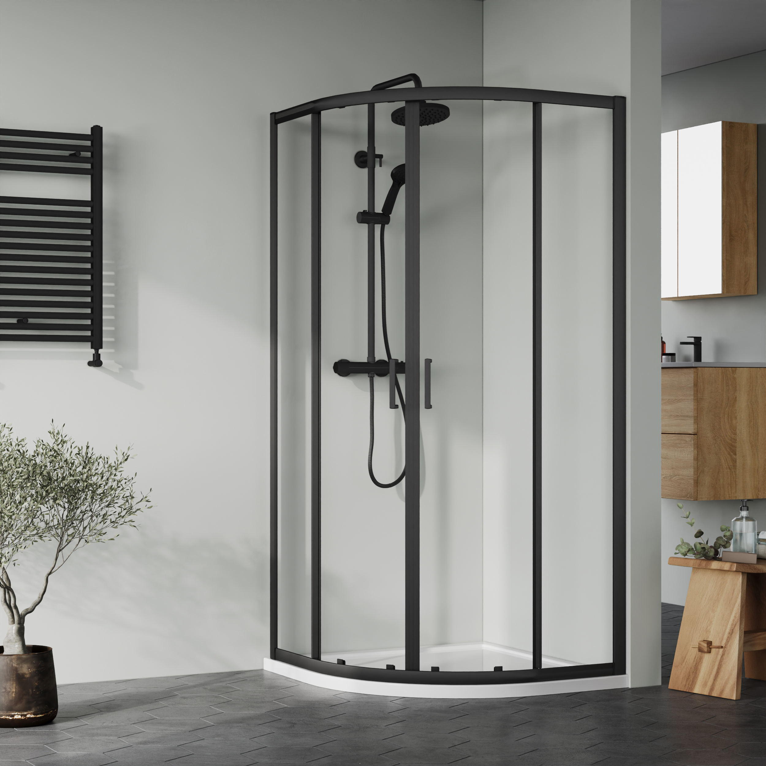 Nuie Matt Black Quadrant Shower Enclosure Tray & Waste Shower Enclosure Package - 900 x 900mm