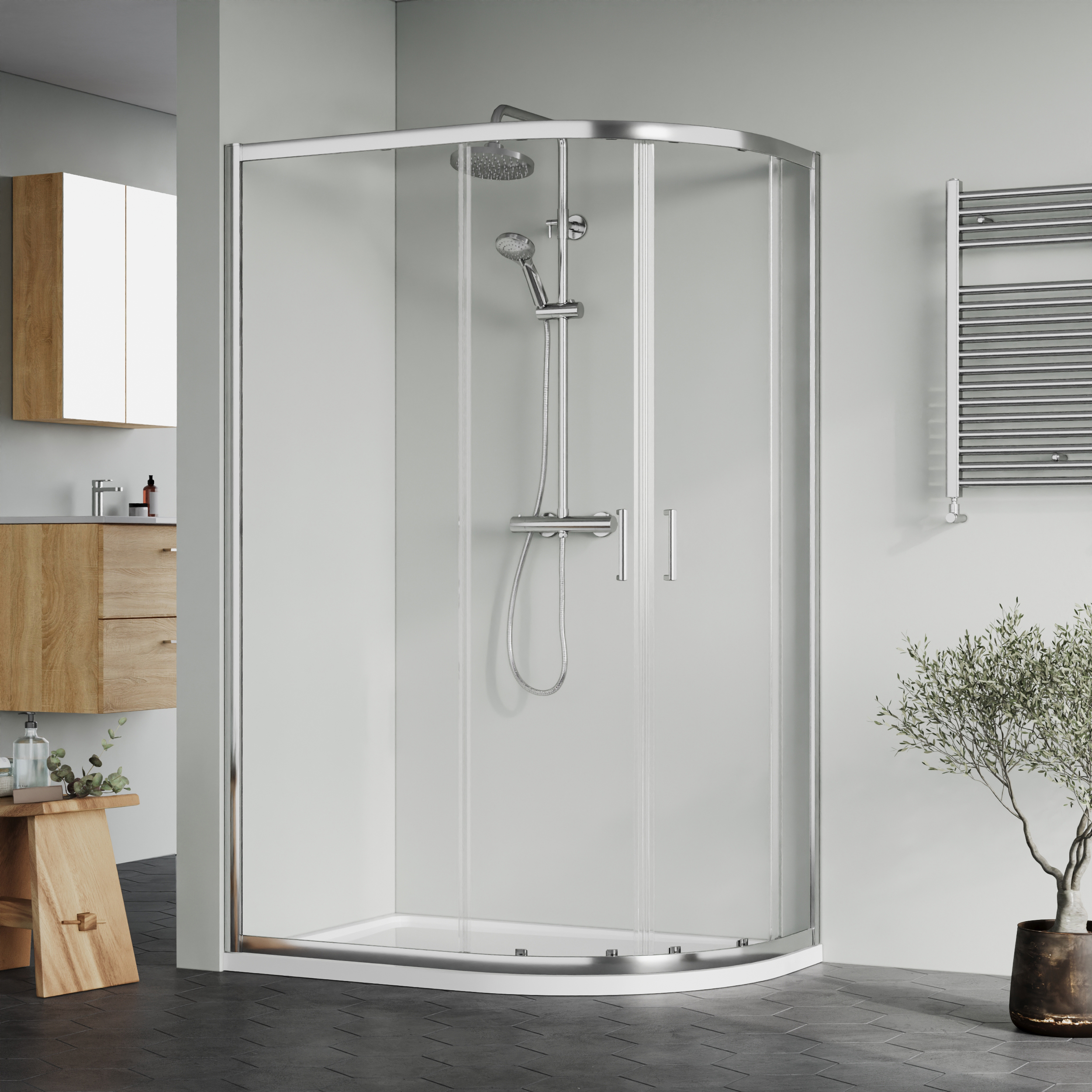 Nuie Chrome Offset Right Hand Quadrant Tray & Waste Shower Enclosure Package - 1200 x 800mm