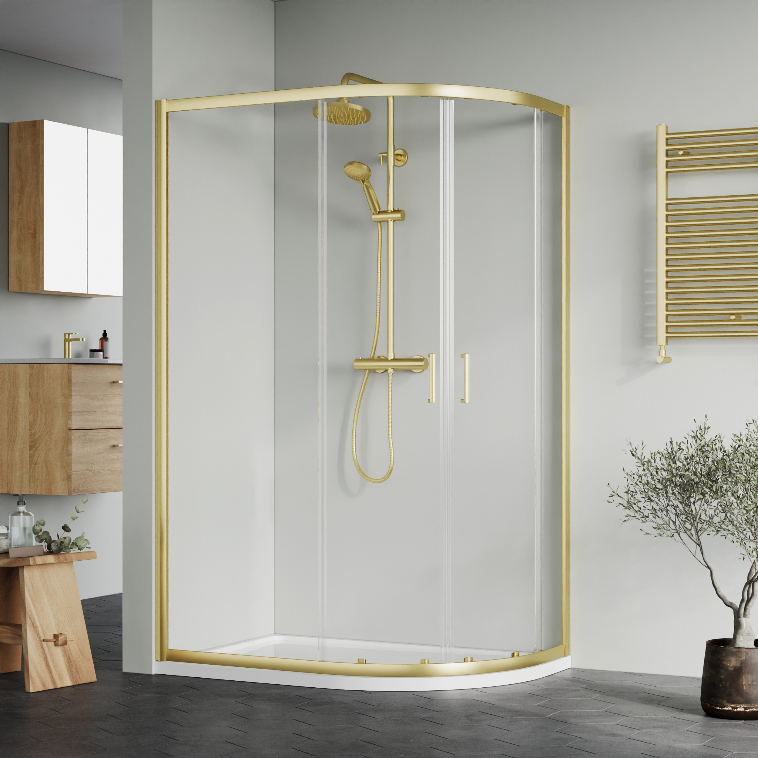 Nuie Brushed Brass Offset Right Hand Quadrant Tray & Waste Shower Enclosure Package - 1200 x 800mm