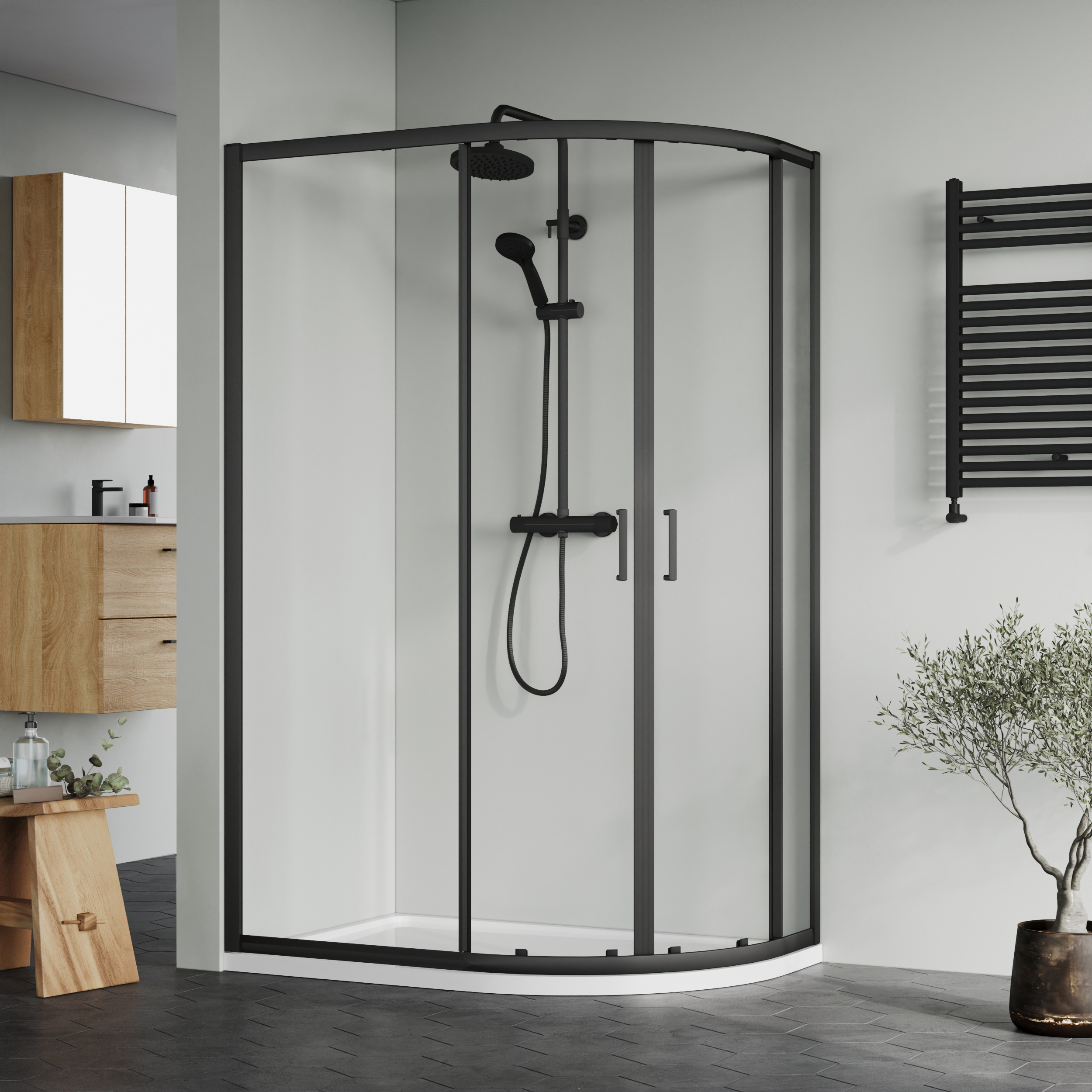 Nuie Matt Black Offset Right Hand Quadrant Tray & Waste Shower Enclosure Package - 1200 x 800mm