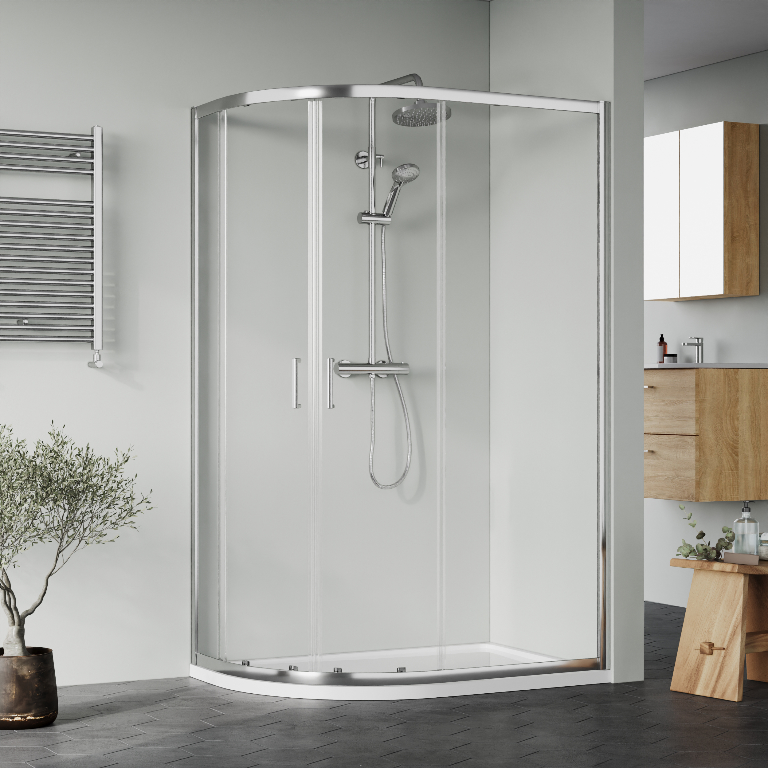 Nuie Chrome Offset Left Hand Quadrant Tray & Waste Shower Enclosure Package - 1200 x 800mm