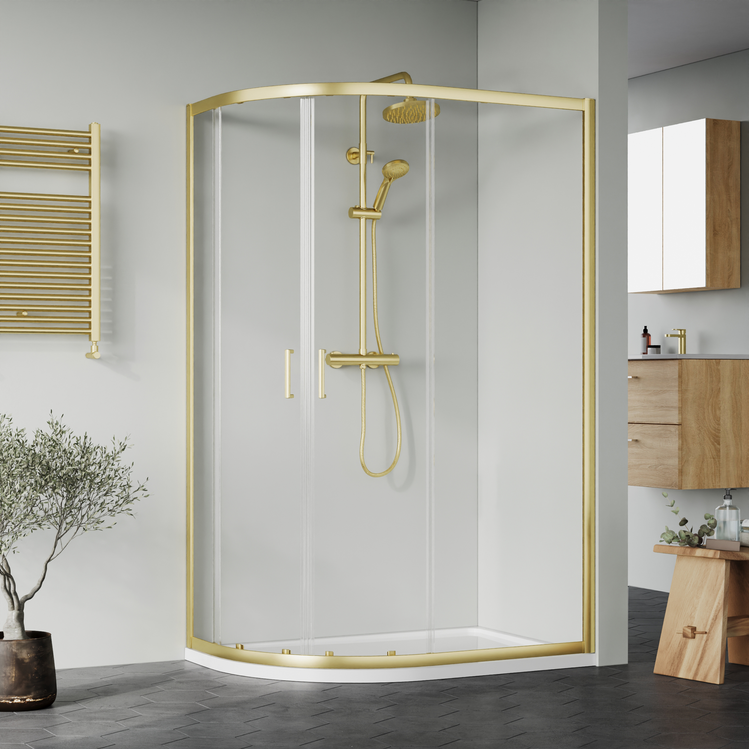 Nuie Brushed Brass Offset Left Hand Quadrant Tray & Waste Shower Enclosure Package - 1200 x 800mm