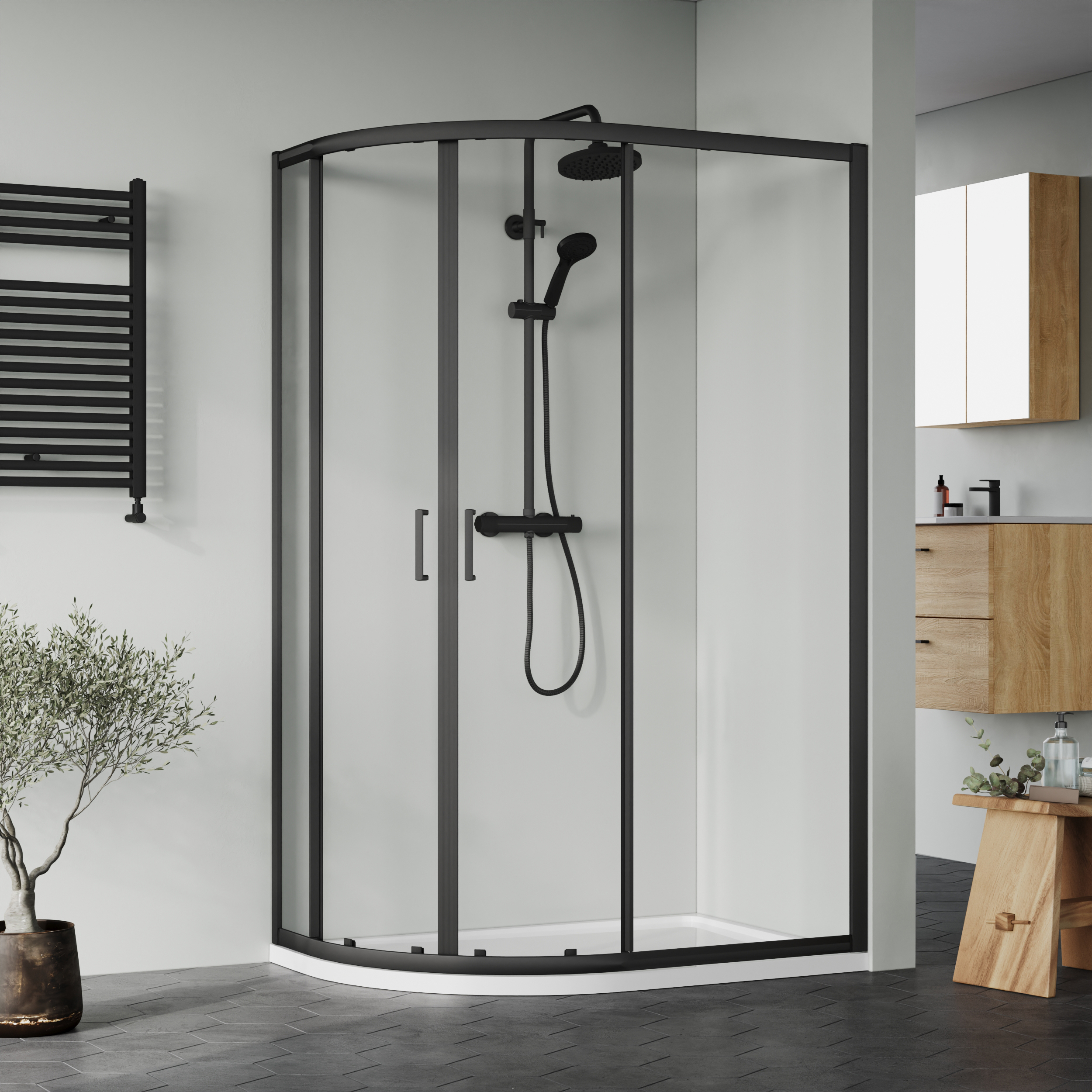 Nuie Matt Black Offset Left Hand Quadrant Tray & Waste Shower Enclosure Package - 1200 x 800mm