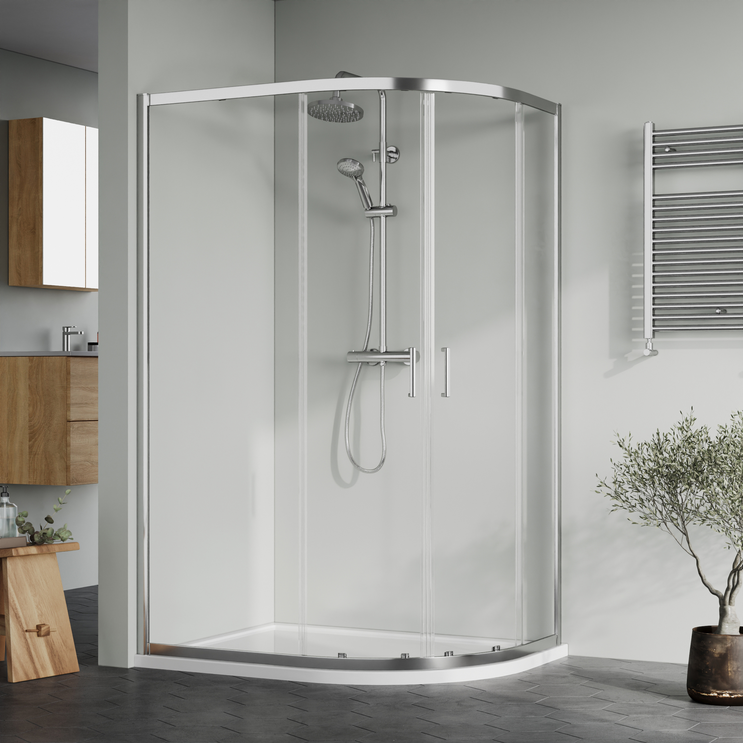 Nuie Chrome Offset Right Hand Quadrant Tray & Waste Shower Enclosure Package - 1200 x 900mm