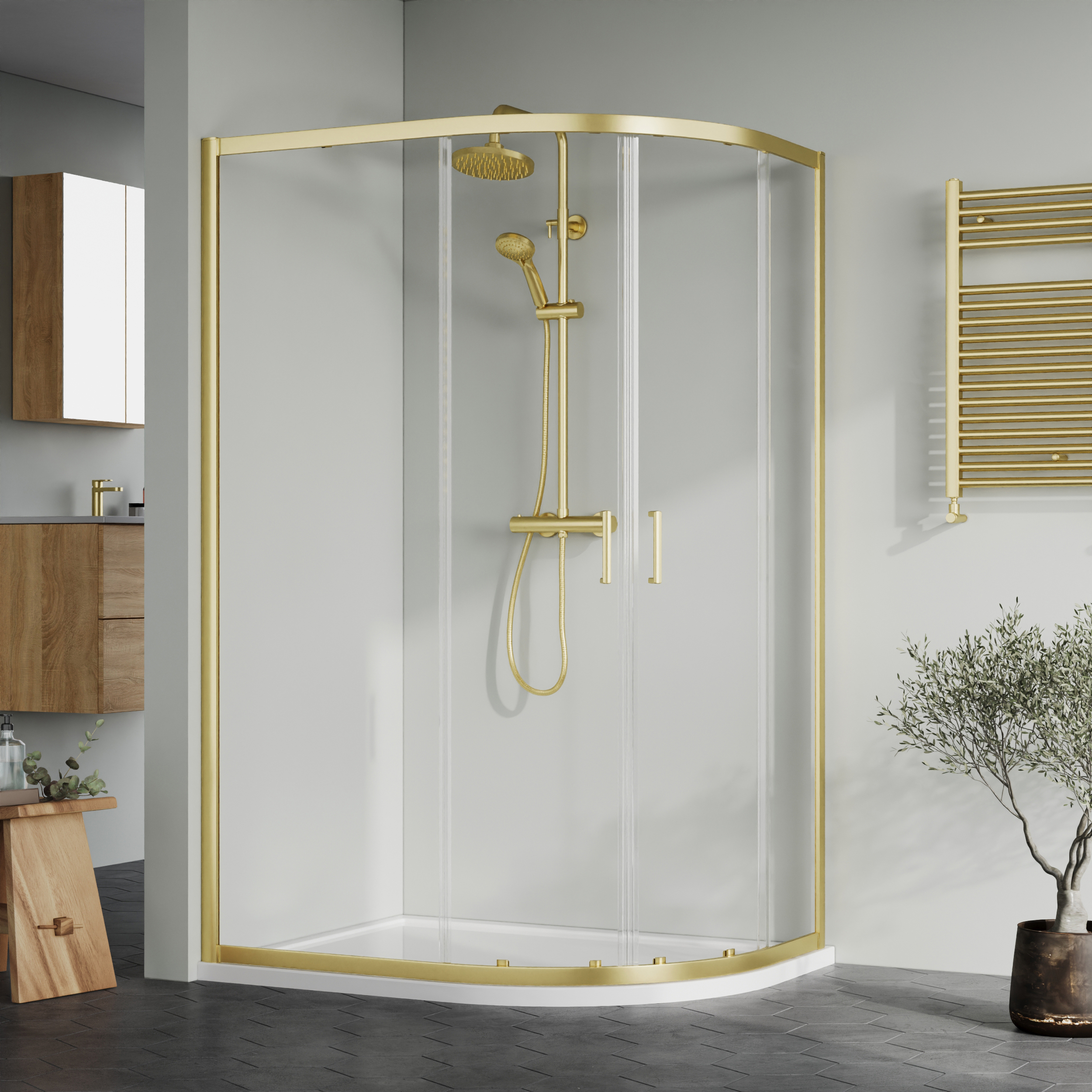 Nuie Brushed Brass Offset Right Hand Quadrant Tray & Waste Shower Enclosure Package - 1200 x 900mm