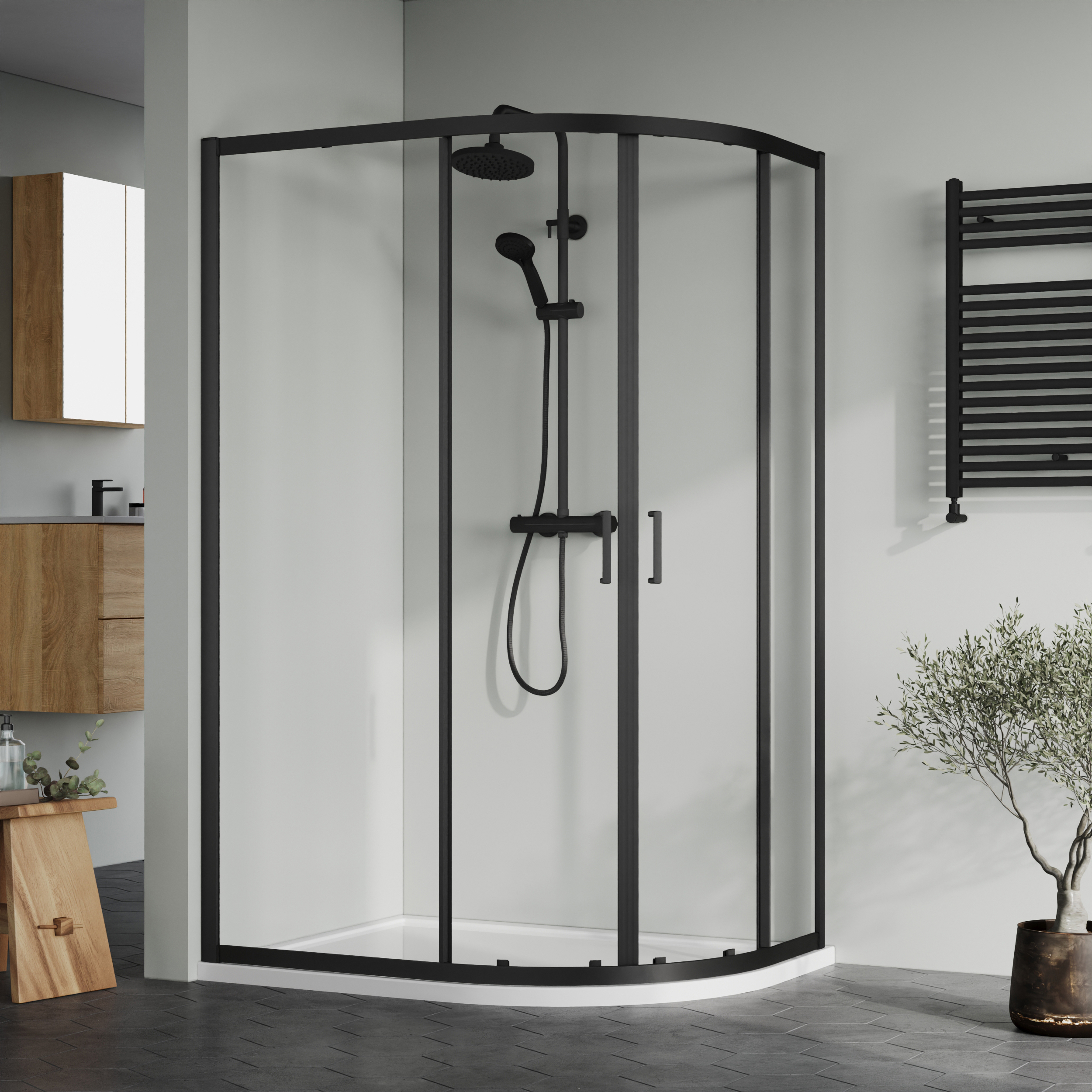 Nuie Matt Black Offset Right Hand Quadrant Tray & Waste Shower Enclosure Package - 1200 x 900mm