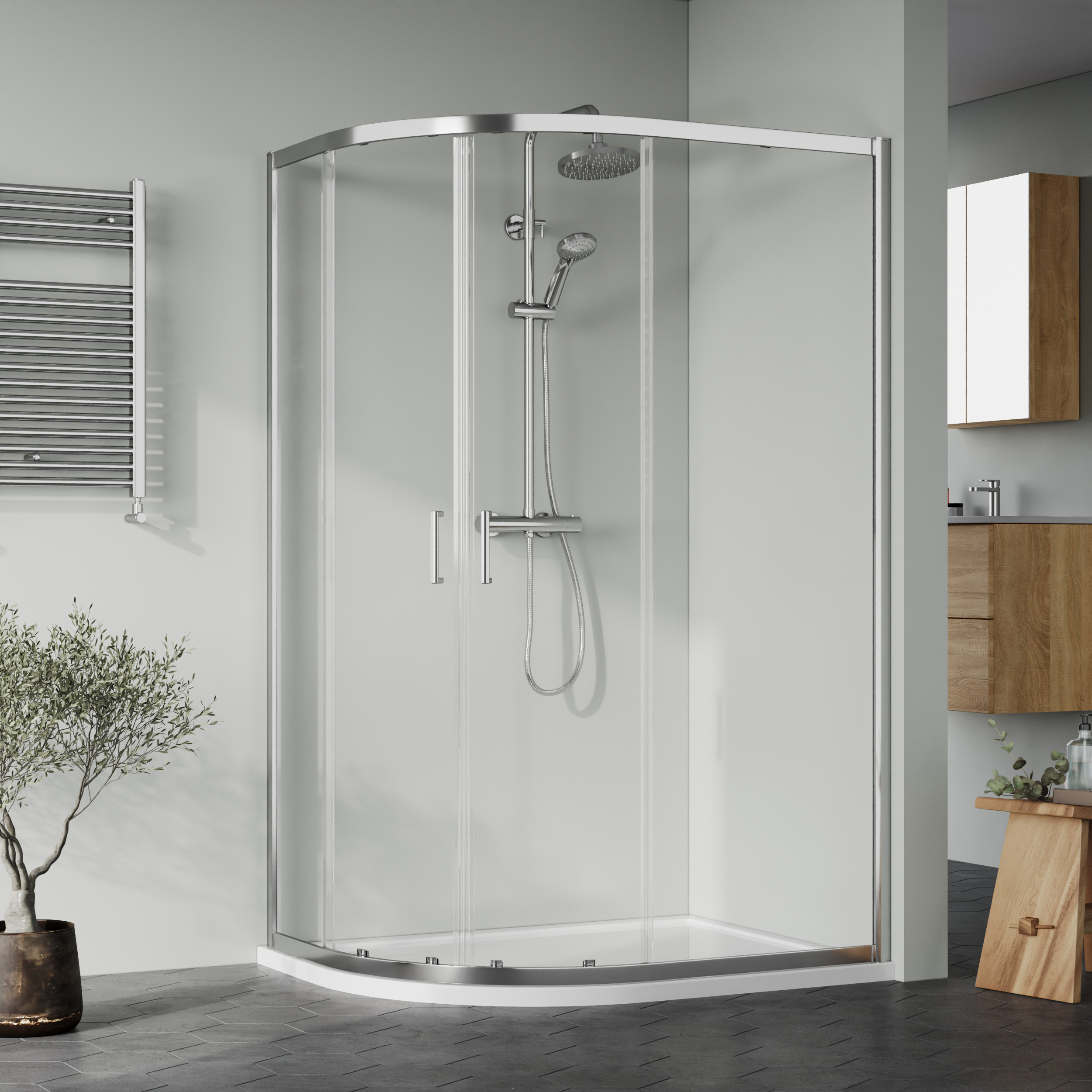 Nuie Chrome Offset Left Hand Quadrant Tray & Waste Shower Enclosure Package - 1200 x 900mm