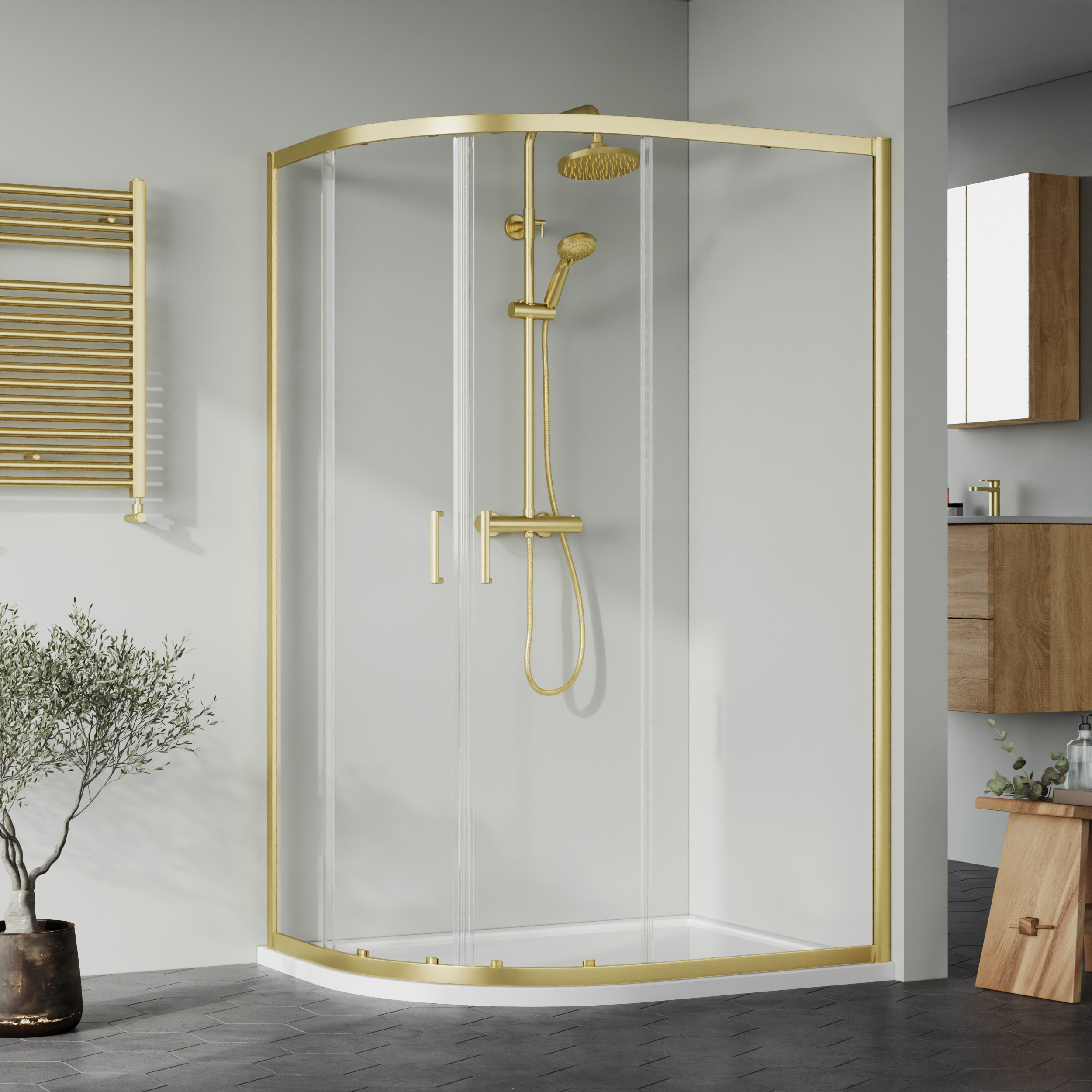 Nuie Brushed Brass Offset Left Hand Quadrant Tray & Waste Shower Enclosure Package - 1200 x 900mm