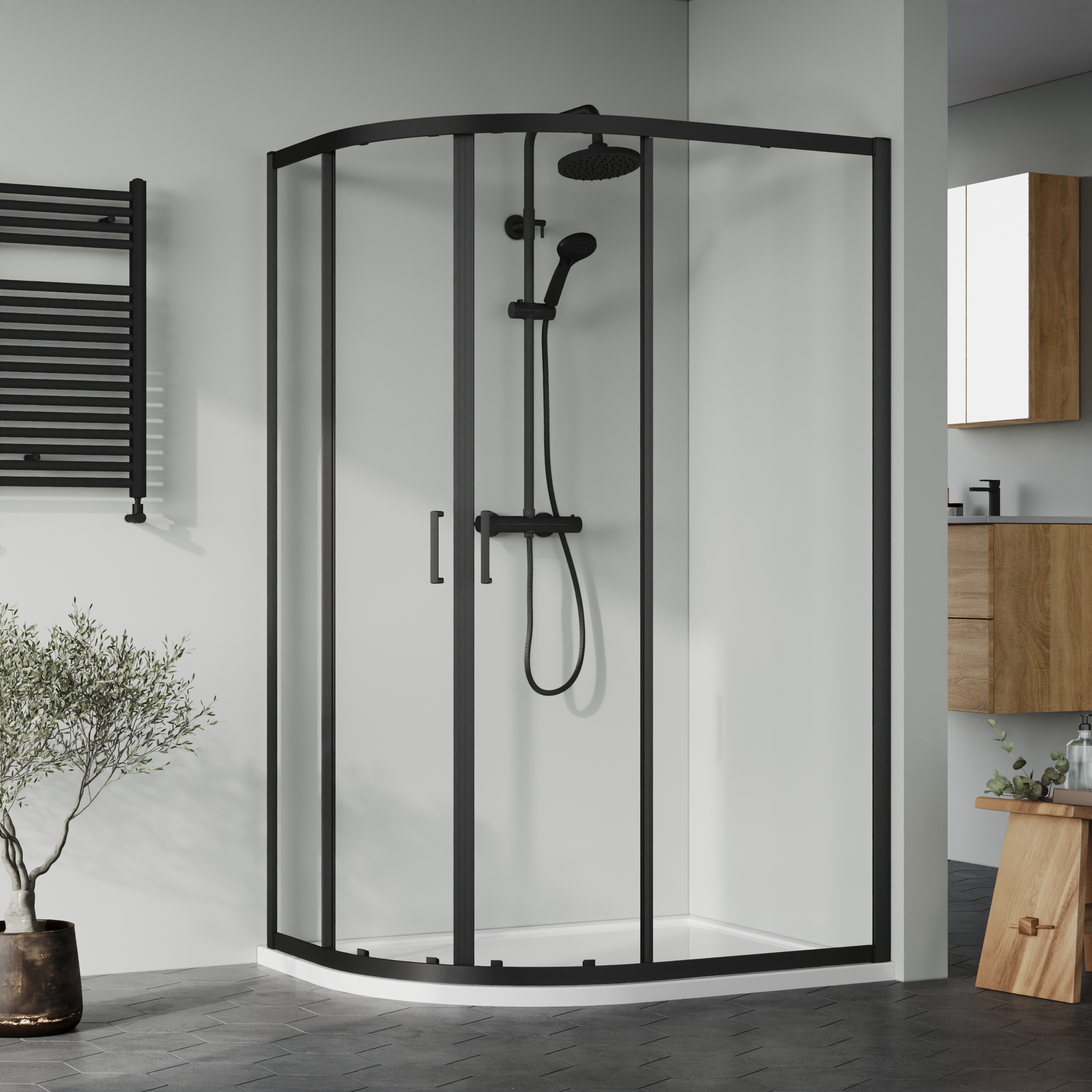 Nuie Matt Black Offset Left Hand Quadrant Tray & Waste Shower Enclosure Package - 1200 x 900mm