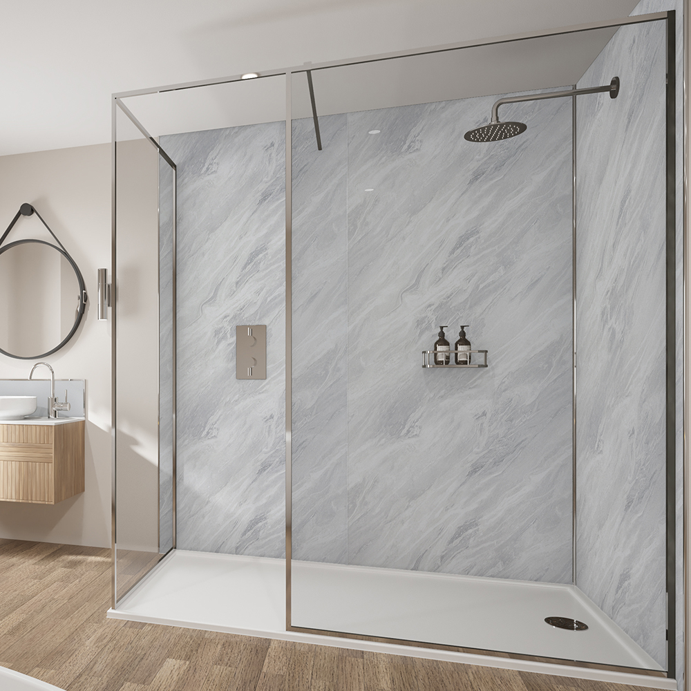 Wetwall Brera Marble Mermaid Collection 3 Sided Long Wall Shower Panel Kit - 1700 x 900mm