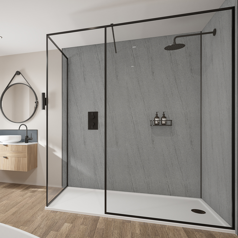 Wetwall Silver Granite Mermaid Collection 3 Sided Long Wall Shower Panel Kit - 1700 x 900mm