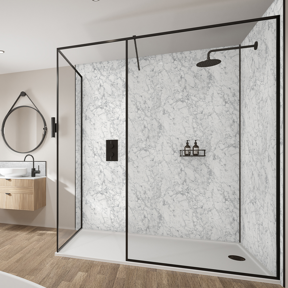 Wetwall Mermaid White Marble 2 Sided Shower Panel