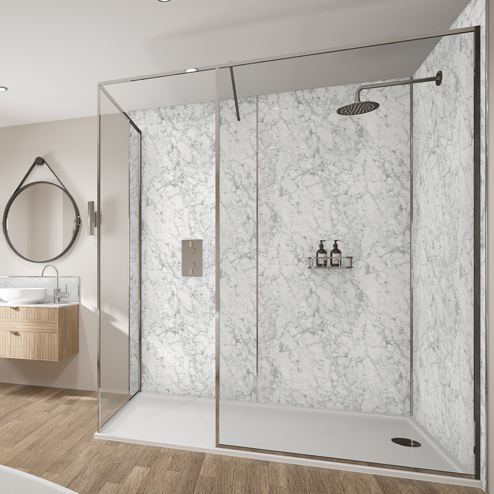 Wetwall White Marble Mermaid Collection 3 Sided Long Wall Shower Panel Kit - 1700 x 900mm