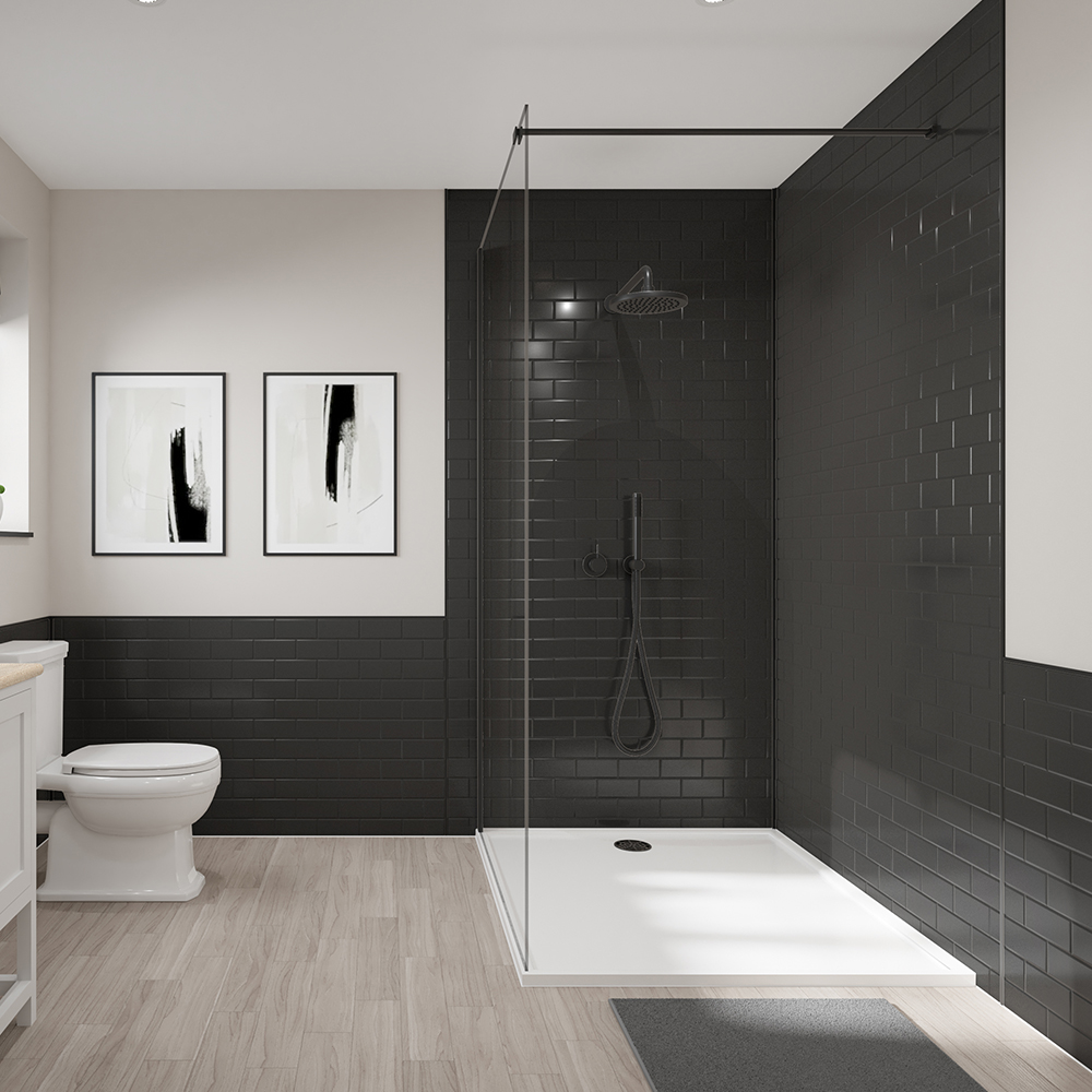 Wetwall Black Concept Horizontal Tile Square Edged Single Shower Panel - 1220 x 2440 x 4mm