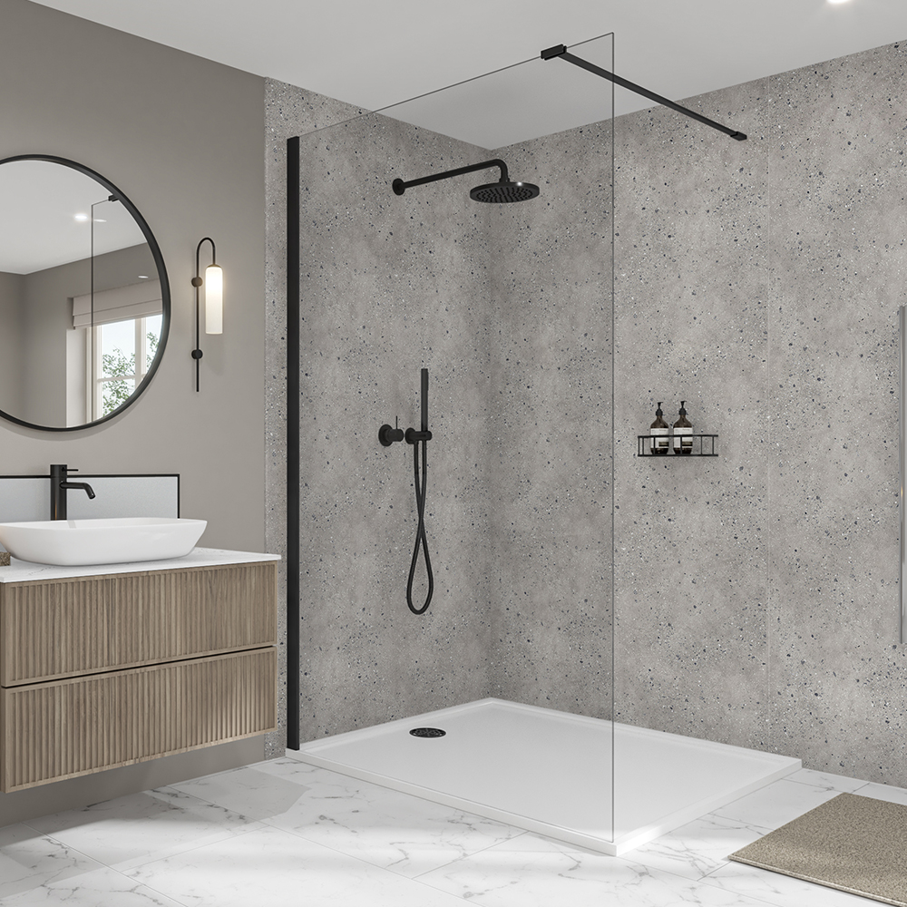 Wetwall Pewter Terrazzo Elite Collection 2 Sided Long Wall Shower Panel Kit - 1700 x 900mm