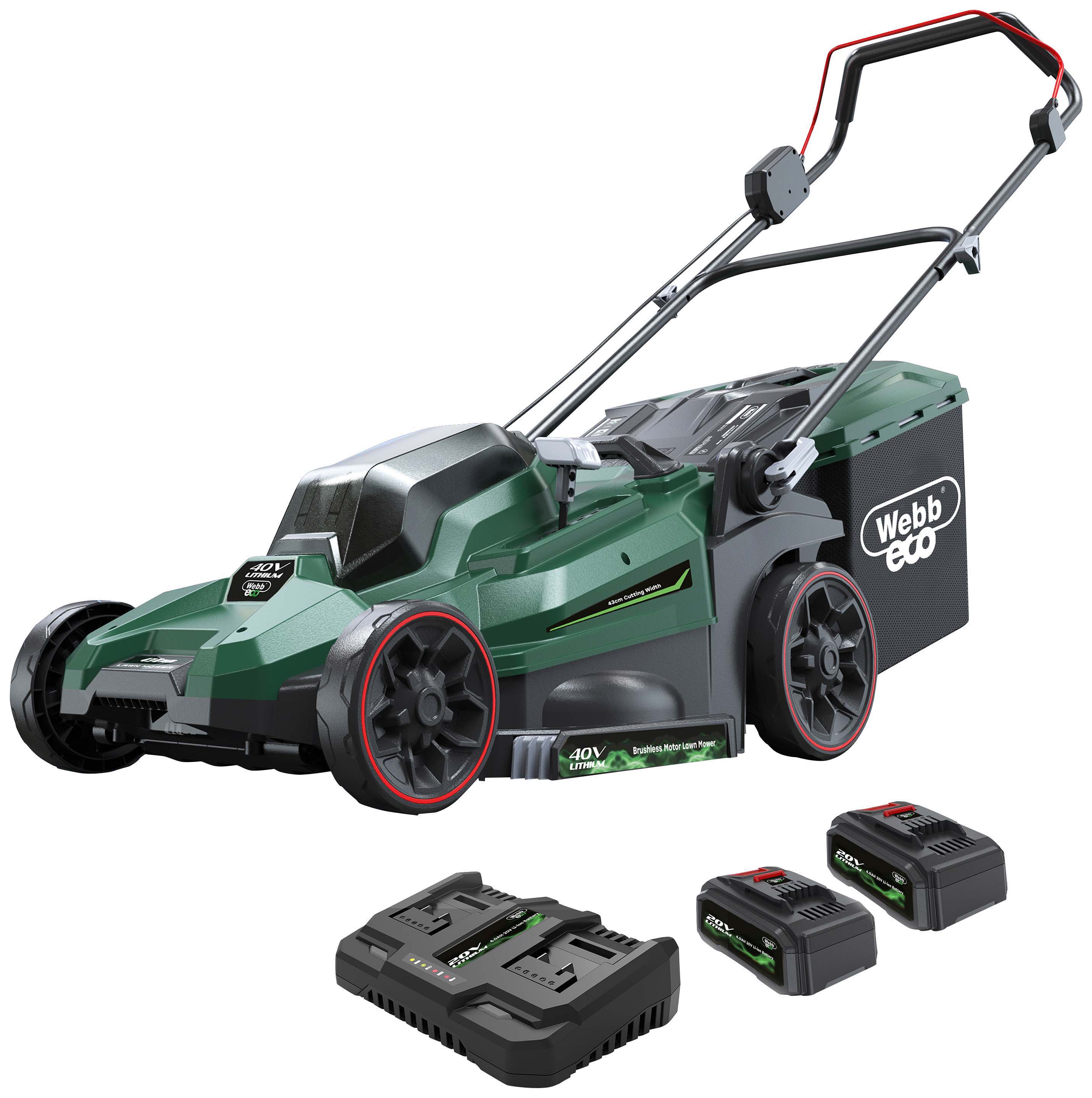 Webb Eco 40V Cordless 43cm Rotary Lawnmower with 2 x 4.0Ah Battery & Charger