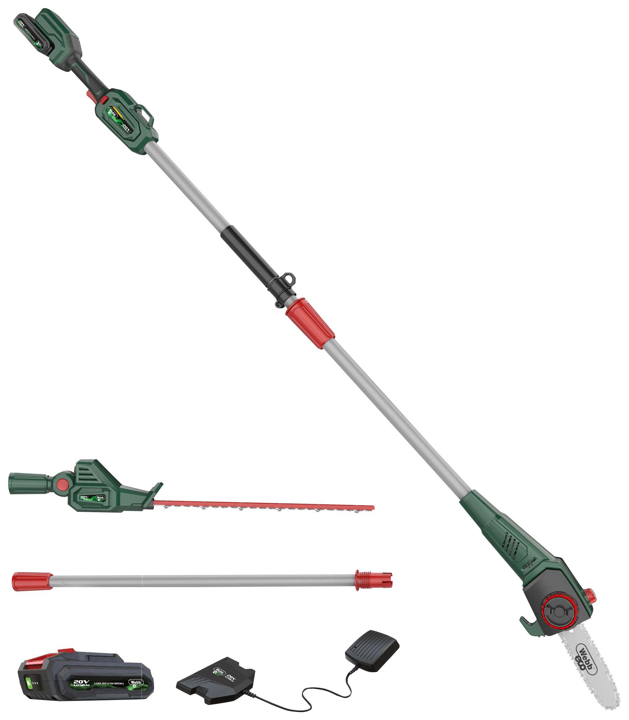 Webb Eco 20V Cordless 50cm Long Reach Hedge Trimmer & Pruner with 2.0Ah Battery & Charger