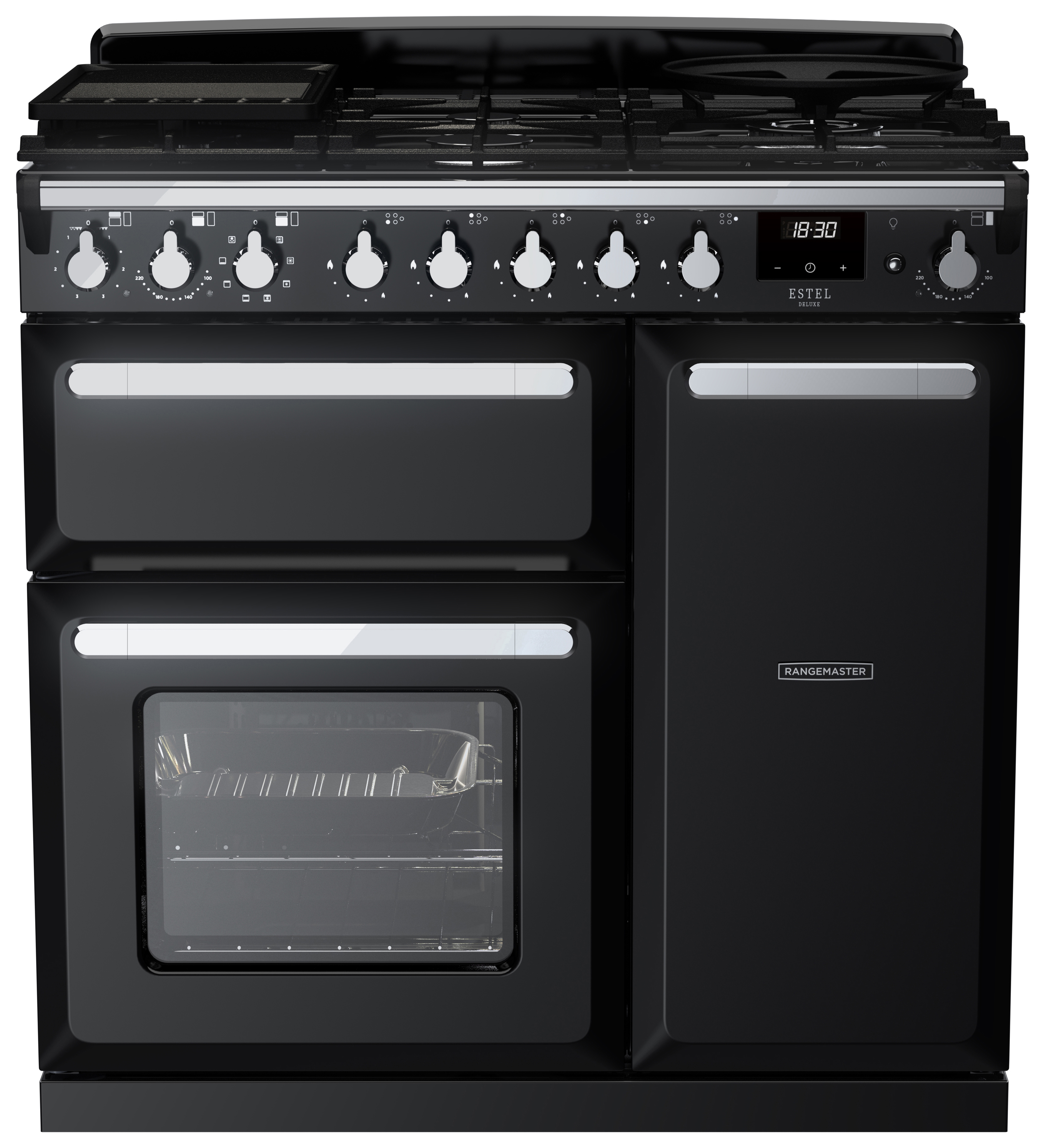 Rangemaster Estel Deluxe 90cm Dual Fuel Rangecooker - Gloss Black + Chrome