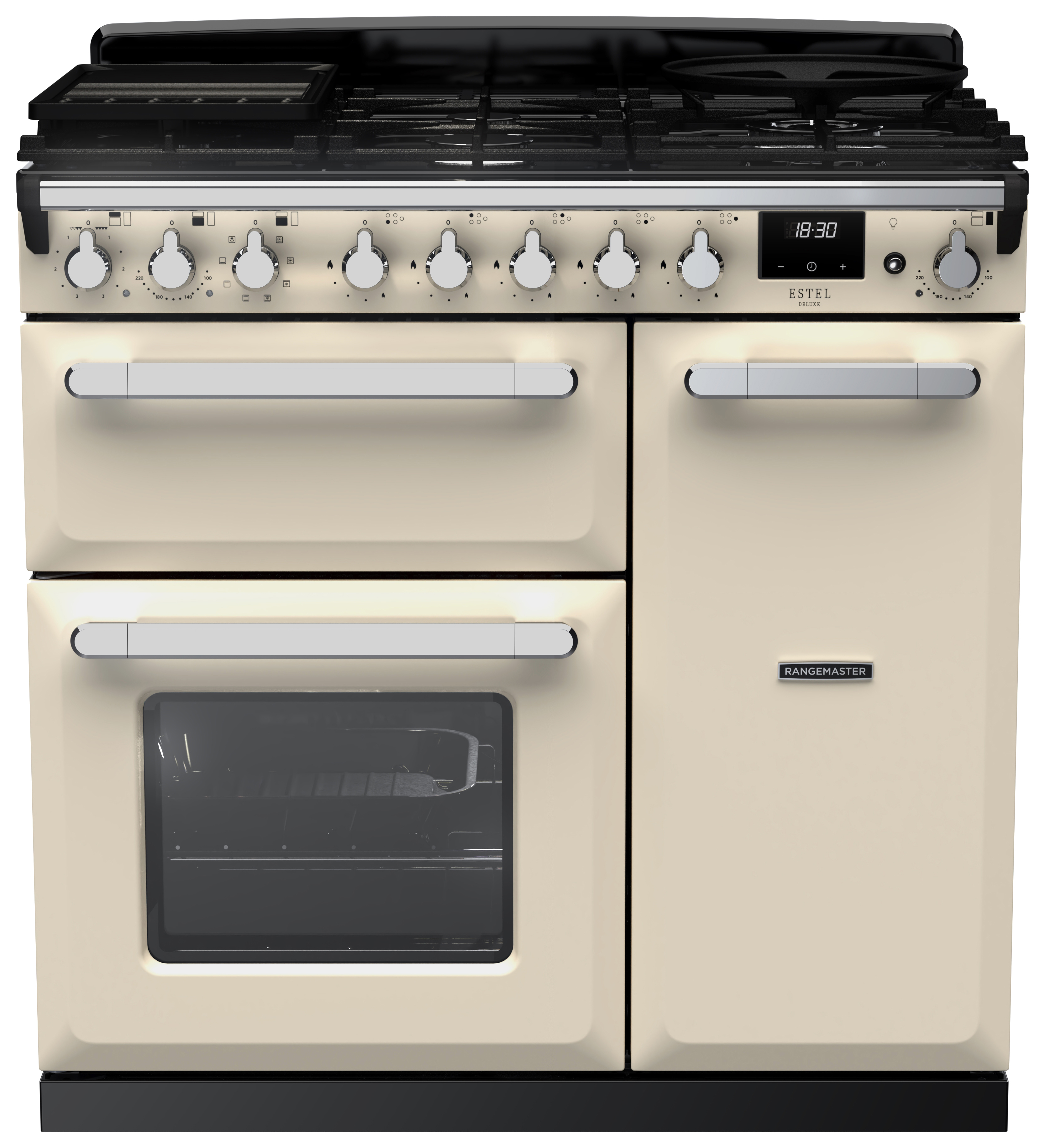 Rangemaster Estel Deluxe 90cm Dual Fuel Rangecooker - Pale Cream + Chrome