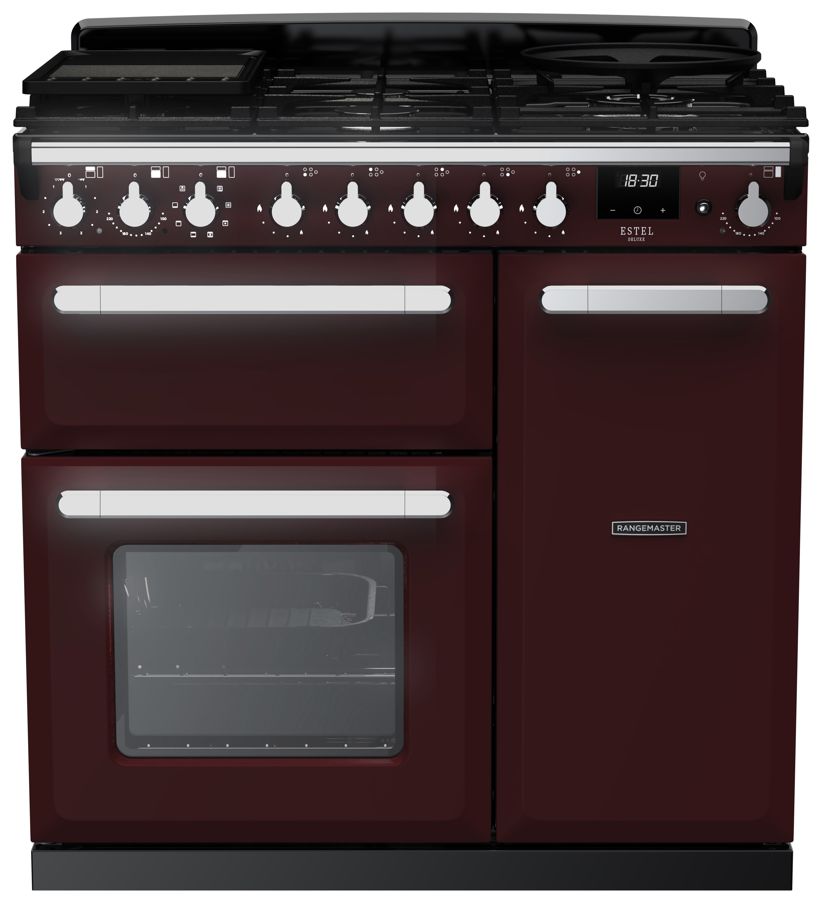 Rangemaster Estel Deluxe 90cm Dual Fuel Rangecooker - Bordeaux + Chrome