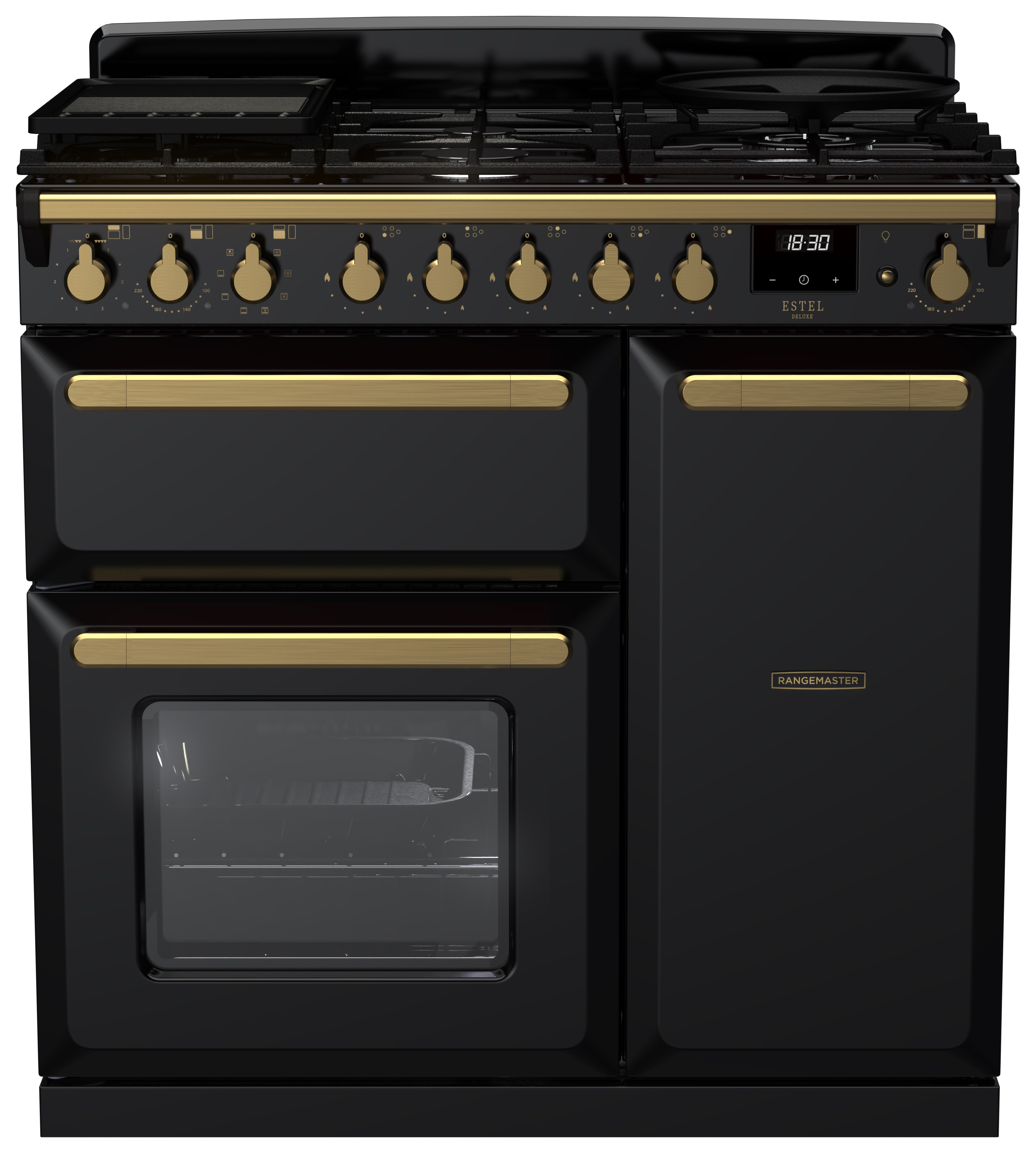 Rangemaster Estel Deluxe 90cm Dual Fuel Rangecooker - Gloss Black + Brass