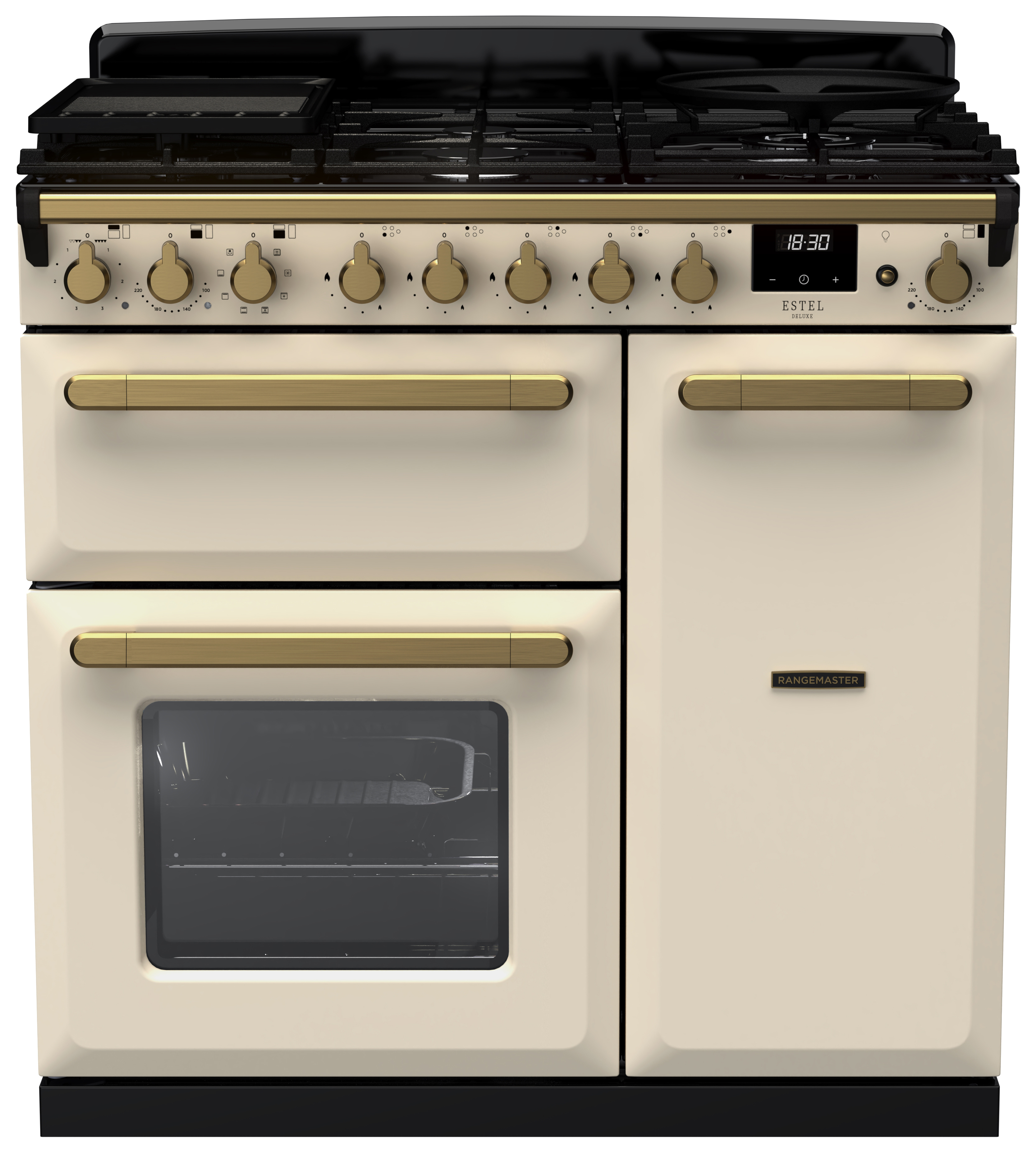 Rangemaster Estel Deluxe 90cm Dual Fuel Rangecooker - Pale Cream + Brass