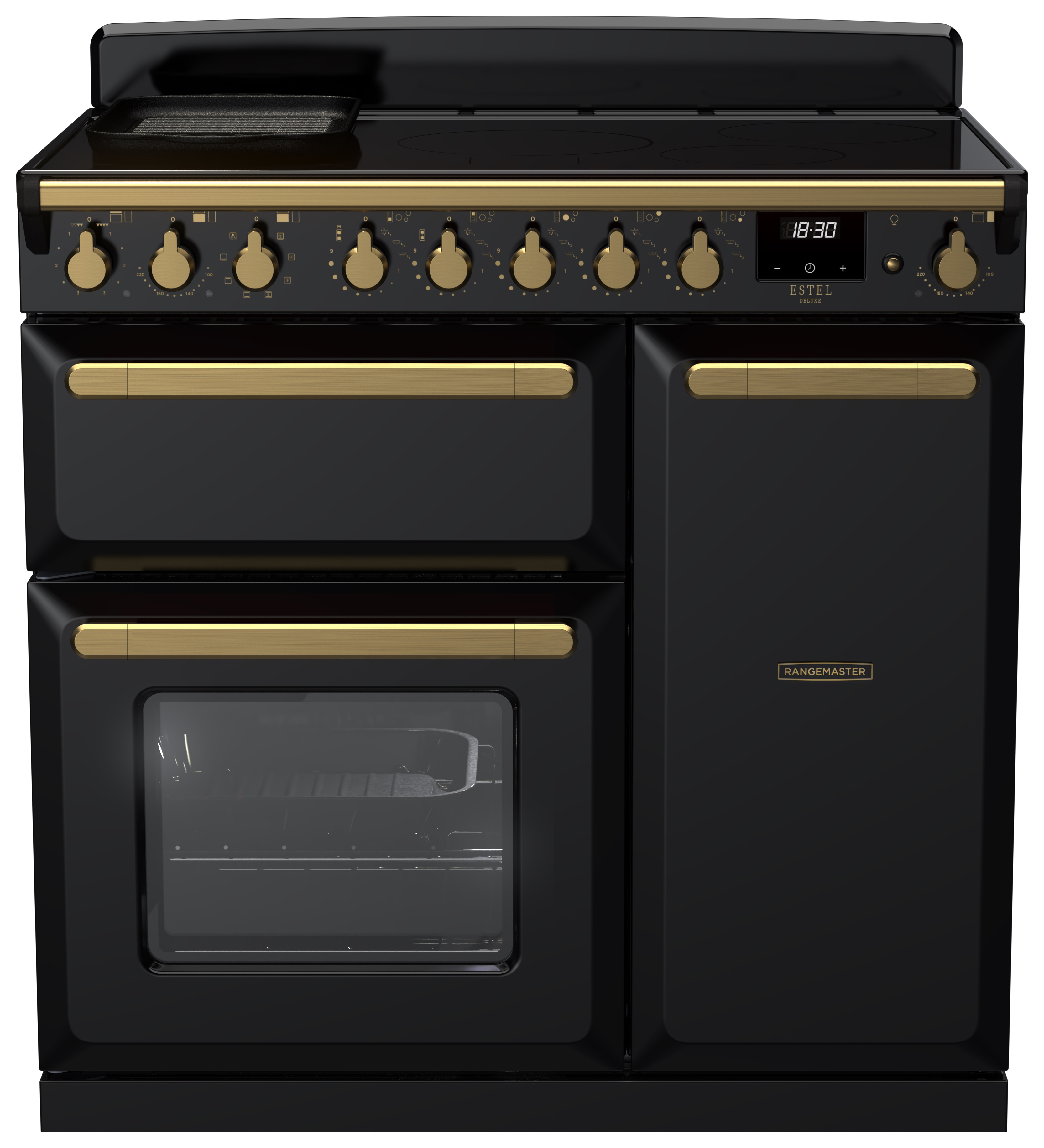 Rangemaster Estel Deluxe 90cm Induction Rangecooker - Gloss Black + Brass