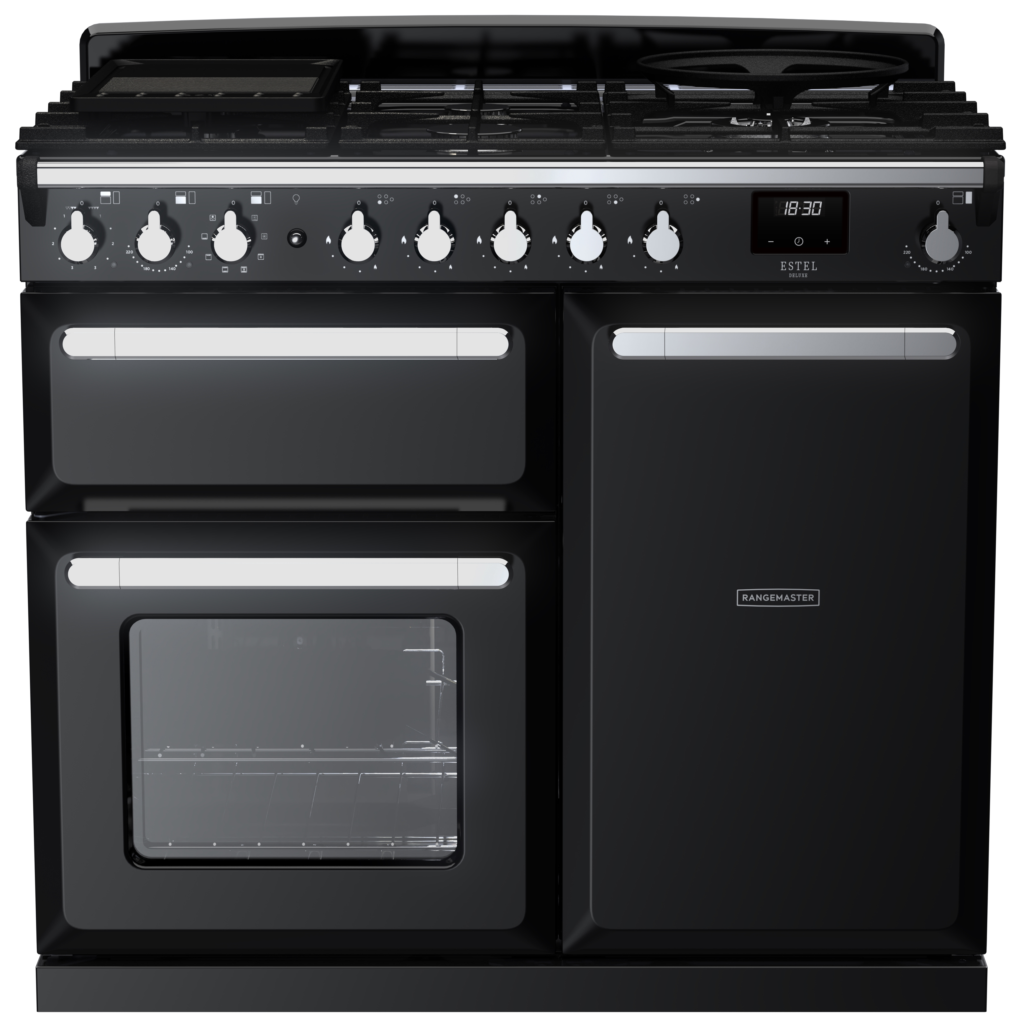 Rangemaster Estel Deluxe 100cm Dual Fuel Rangecooker - Gloss Black + Chrome