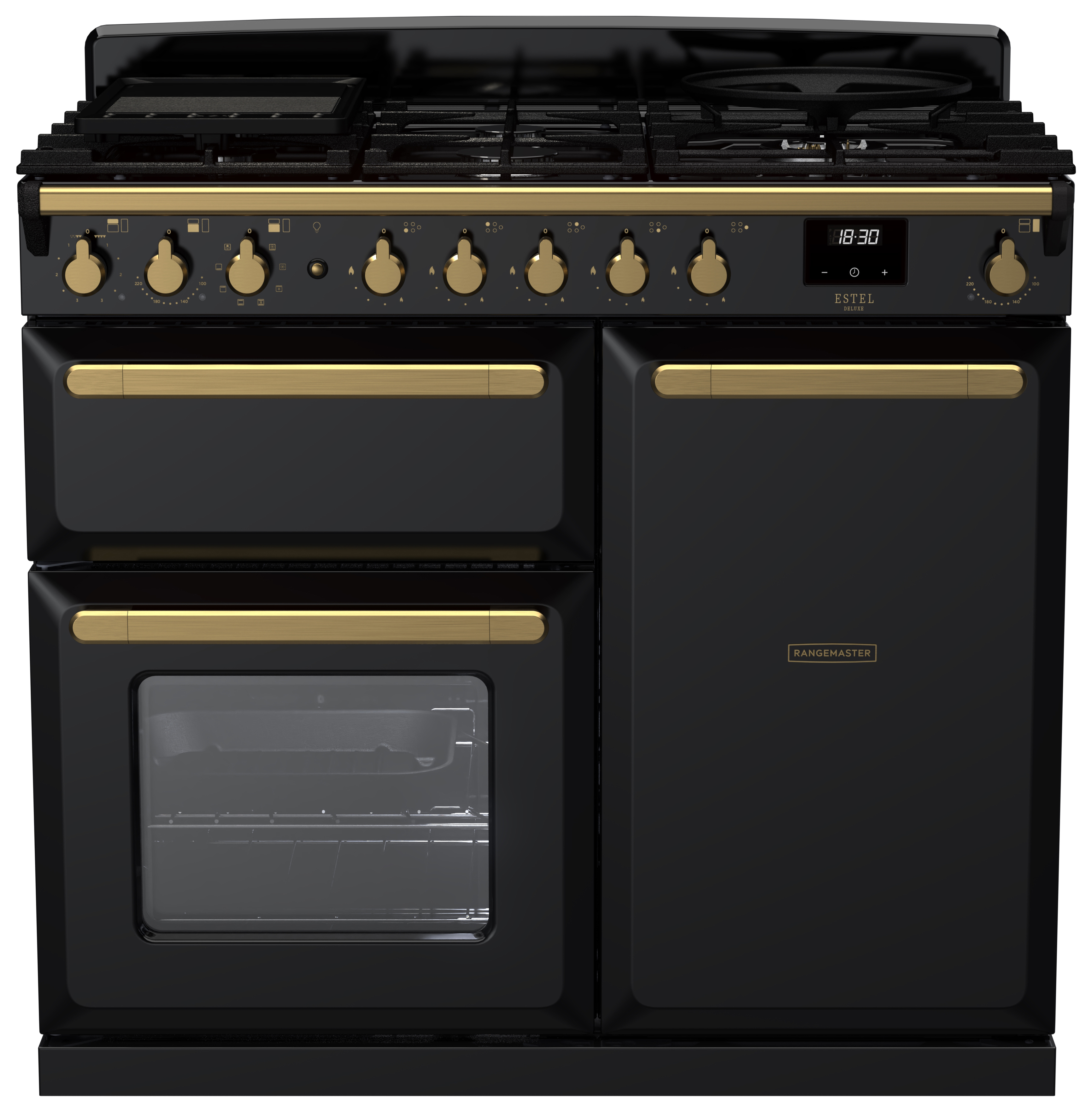 Rangemaster Estel Deluxe 100cm Dual Fuel Rangecooker - Gloss Black + Brass