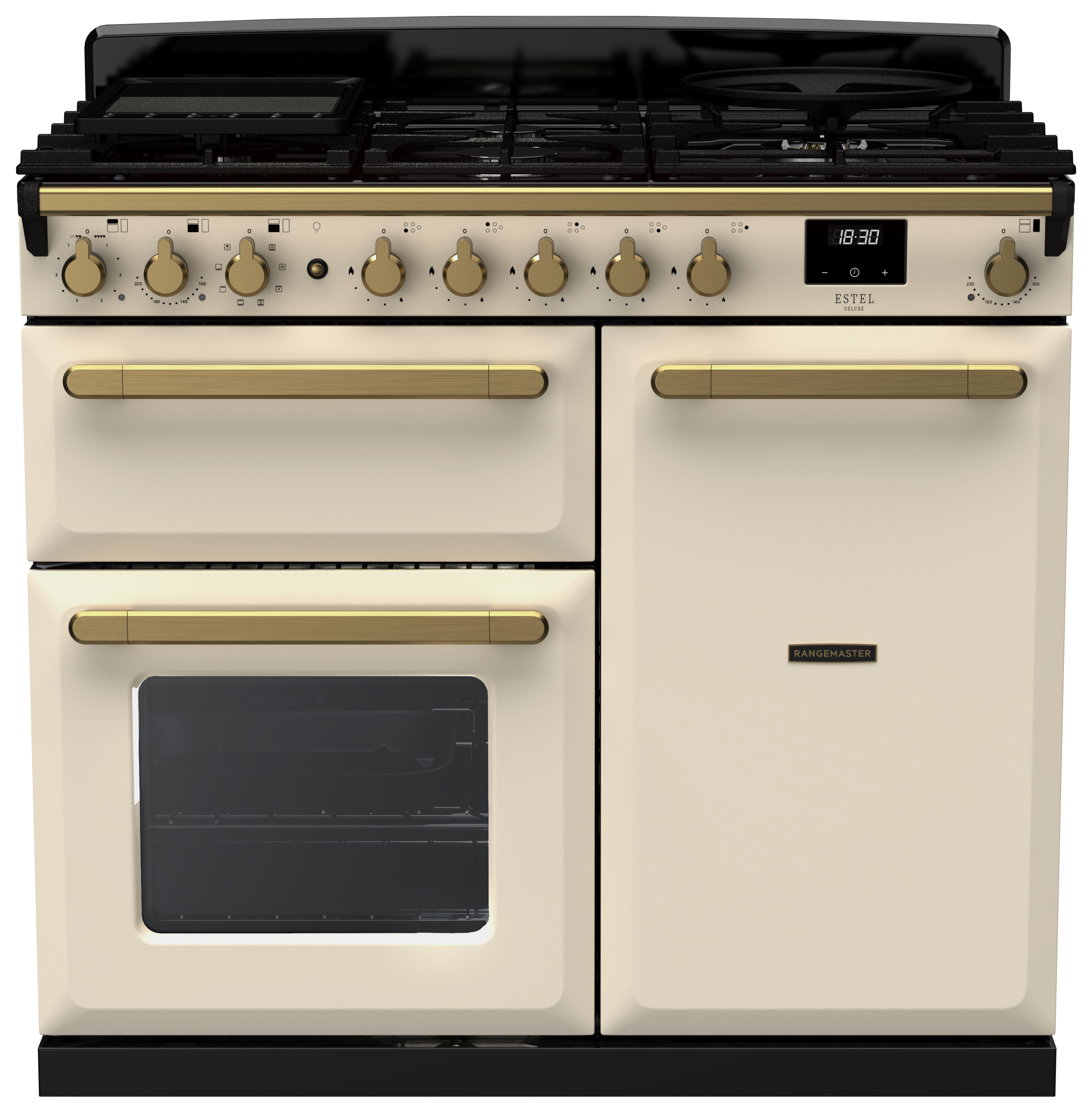 Rangemaster Estel Deluxe 100cm Dual Fuel Rangecooker - Pale Cream + Brass