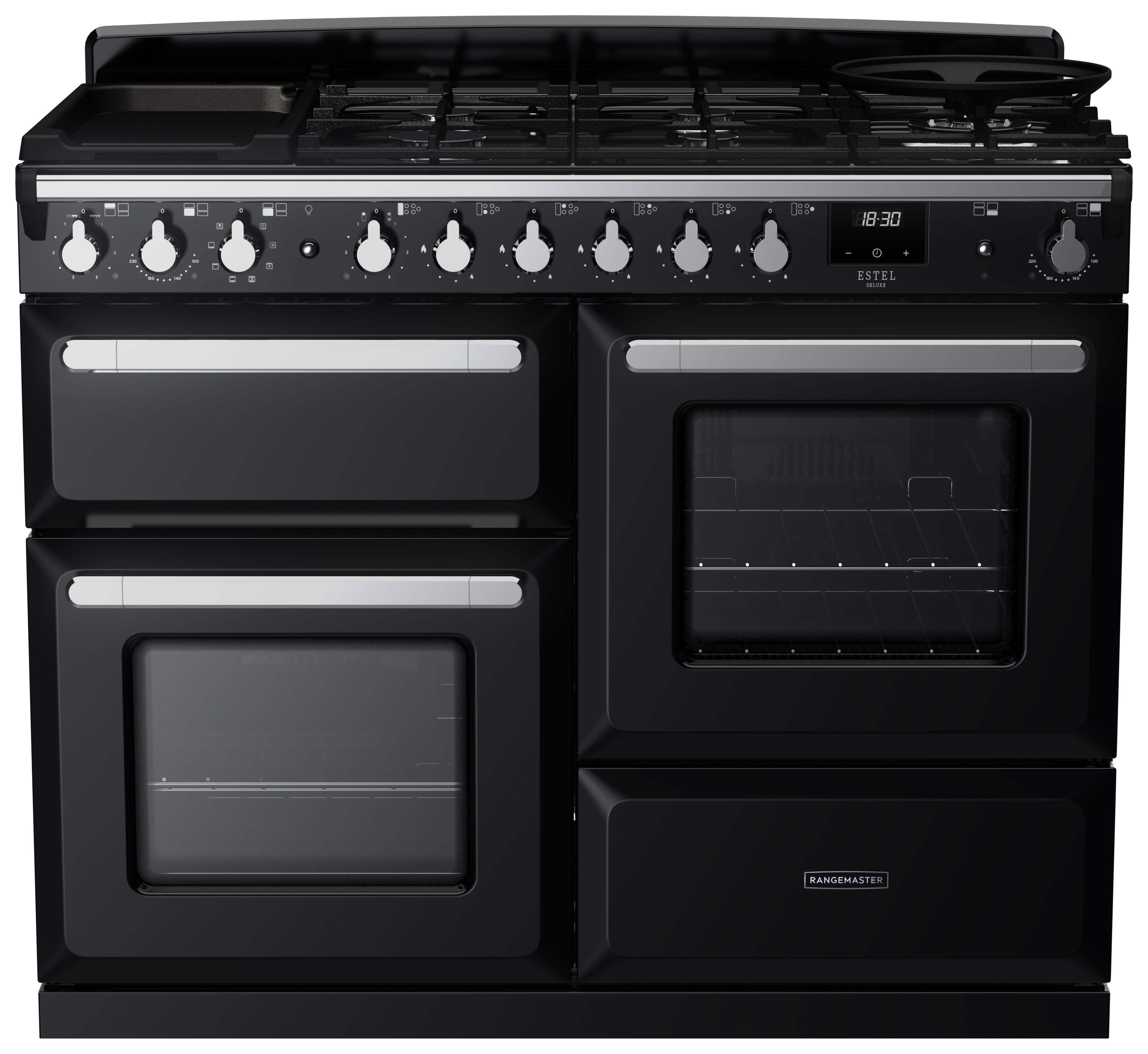 Rangemaster Estel Deluxe 110cm Dual Fuel Rangecooker - Gloss Black + Chrome