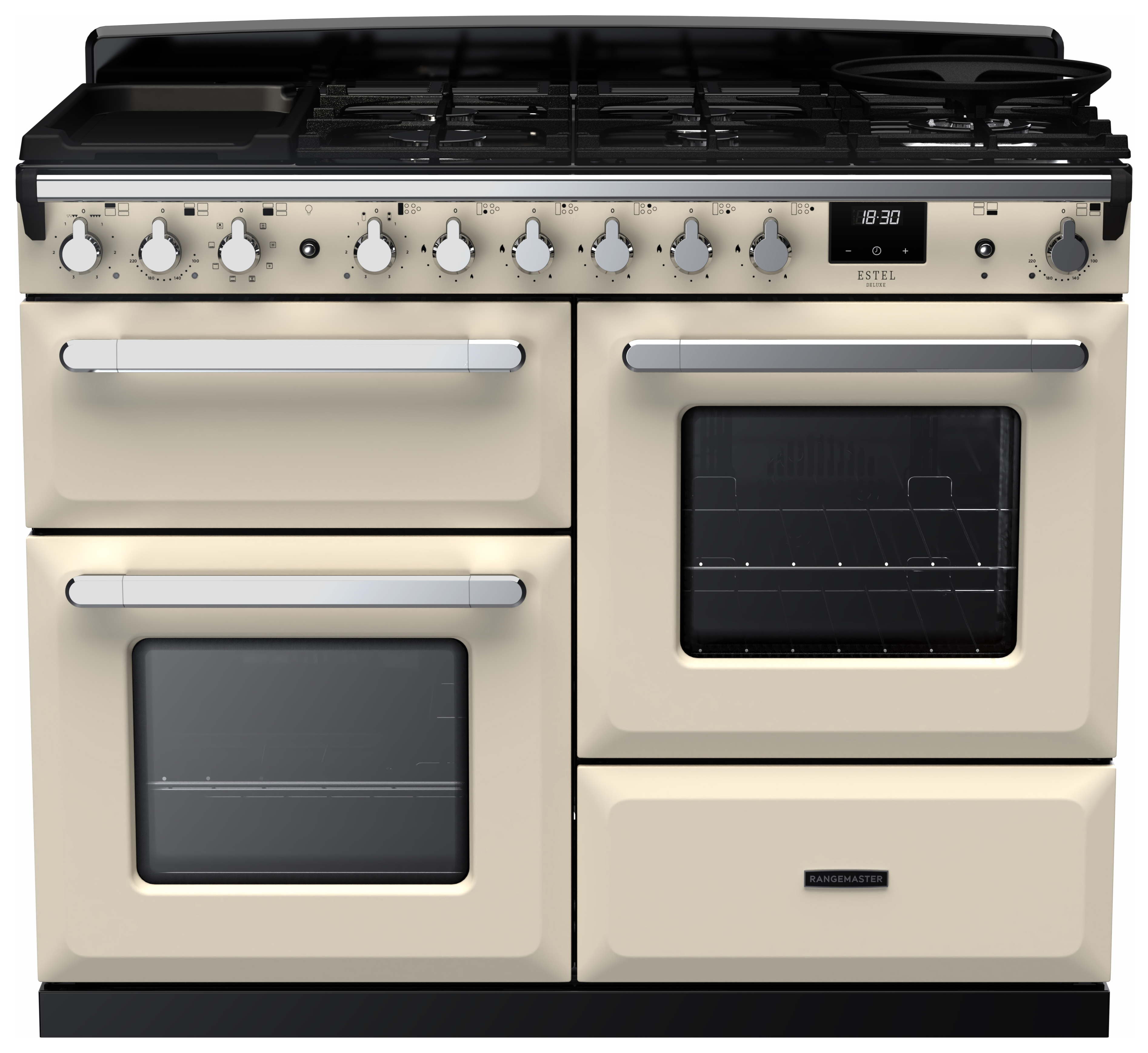 Rangemaster Estel Deluxe 110cm Dual Fuel Rangecooker - Pale Cream + Chrome