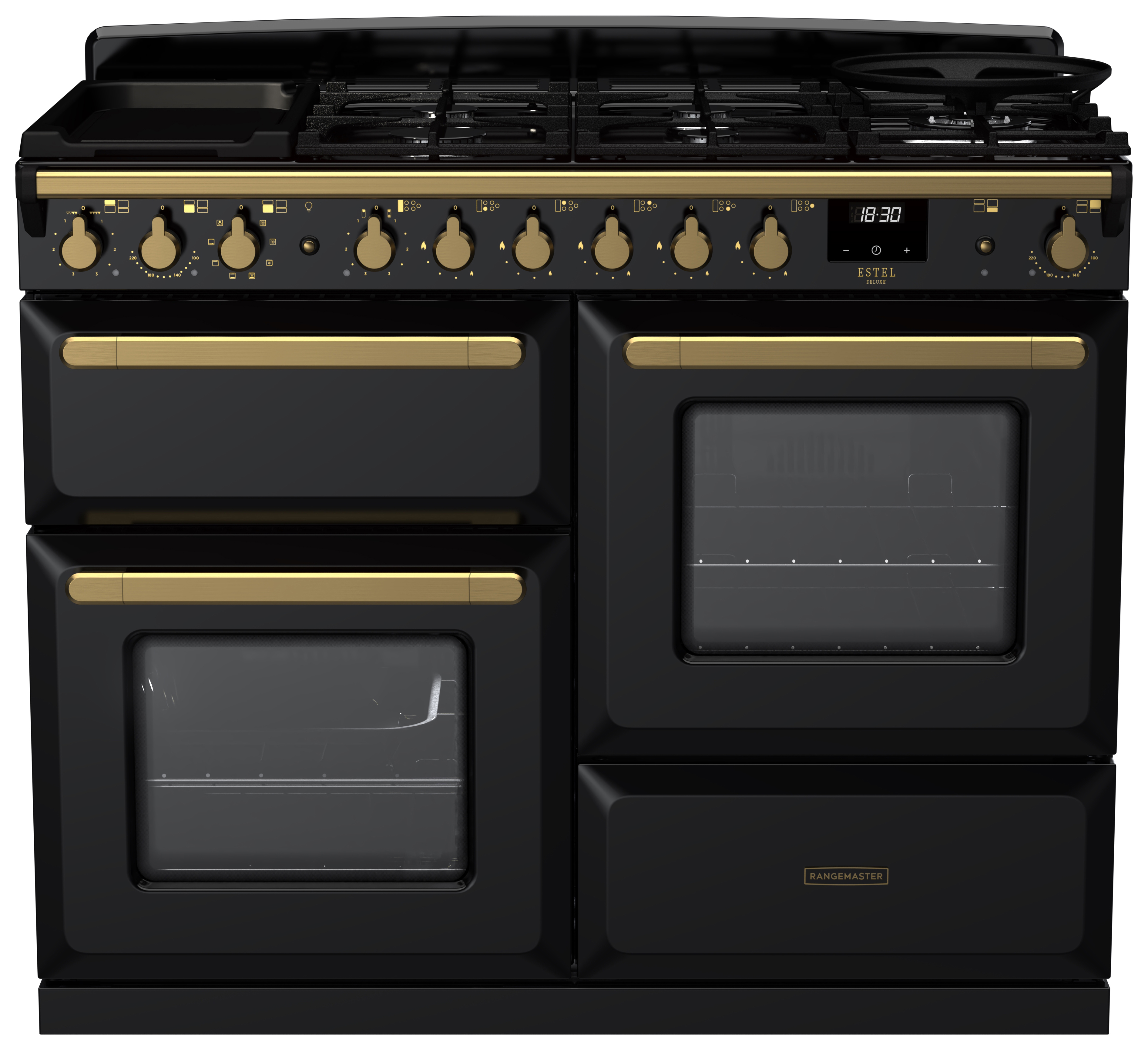 Rangemaster Estel Deluxe 110cm Dual Fuel Rangecooker - Gloss Black + Brass