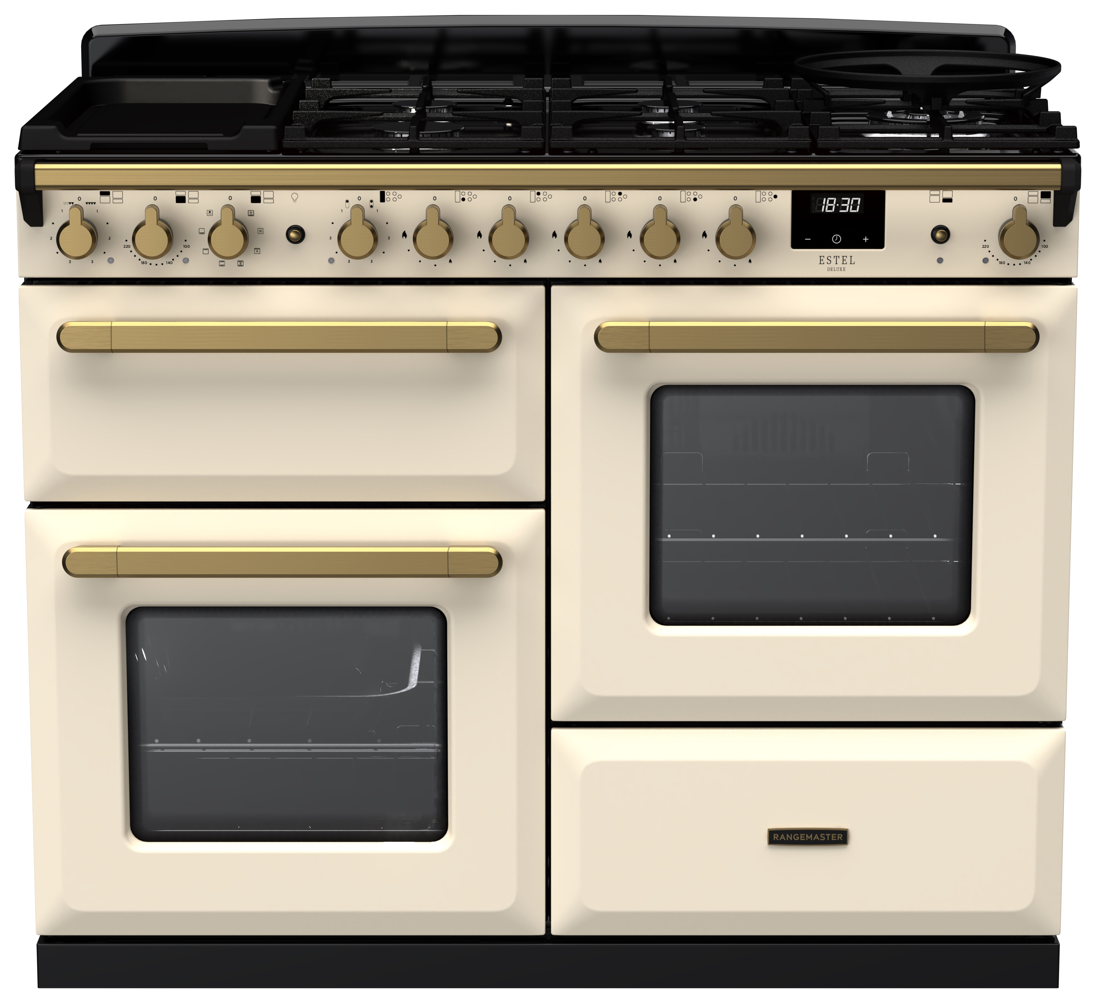 Rangemaster Estel Deluxe 110cm Dual Fuel Rangecooker - Pale Cream + Brass