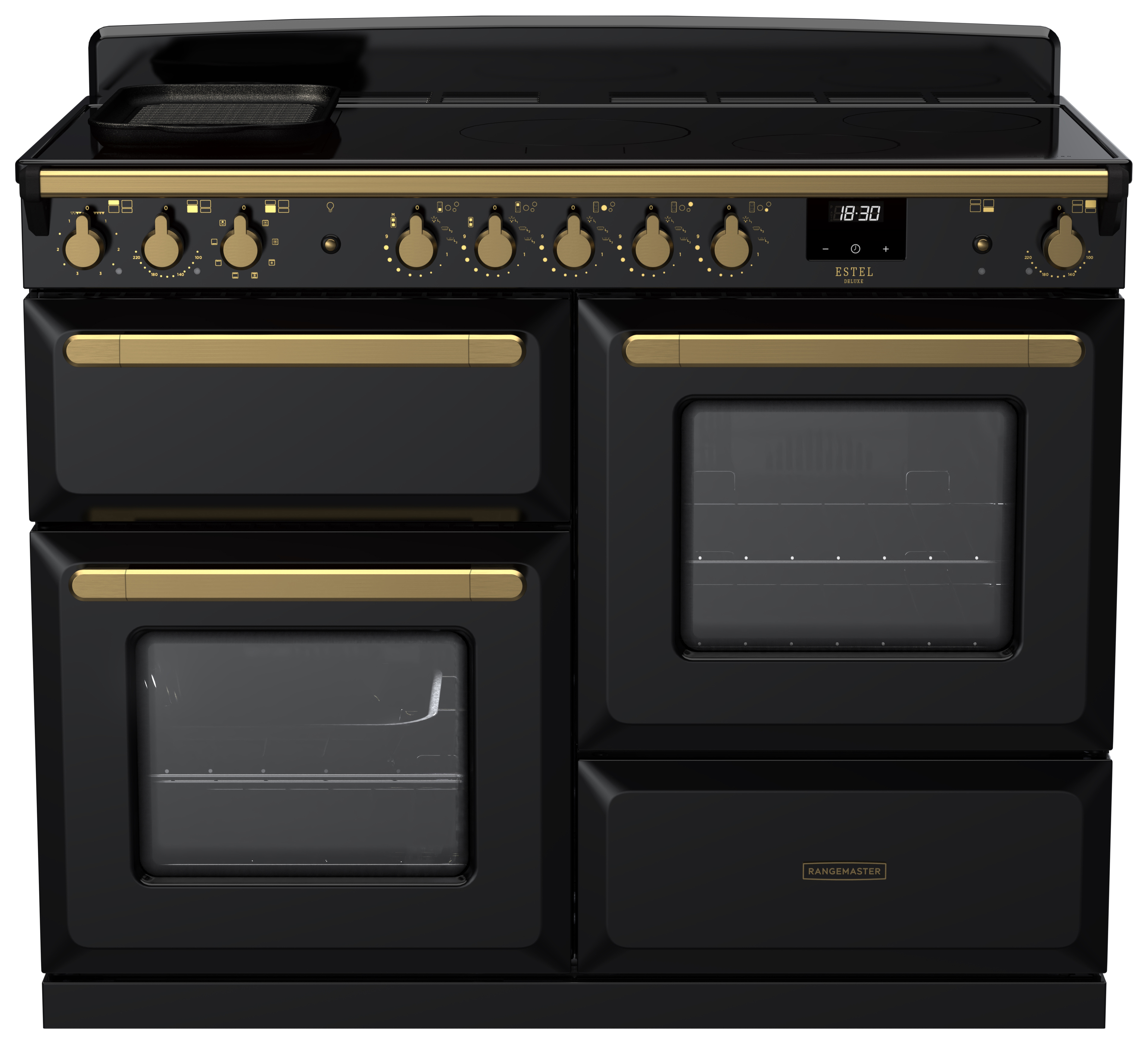 Rangemaster Estel Deluxe 110cm Induction Rangecooker - Gloss Black + Brass