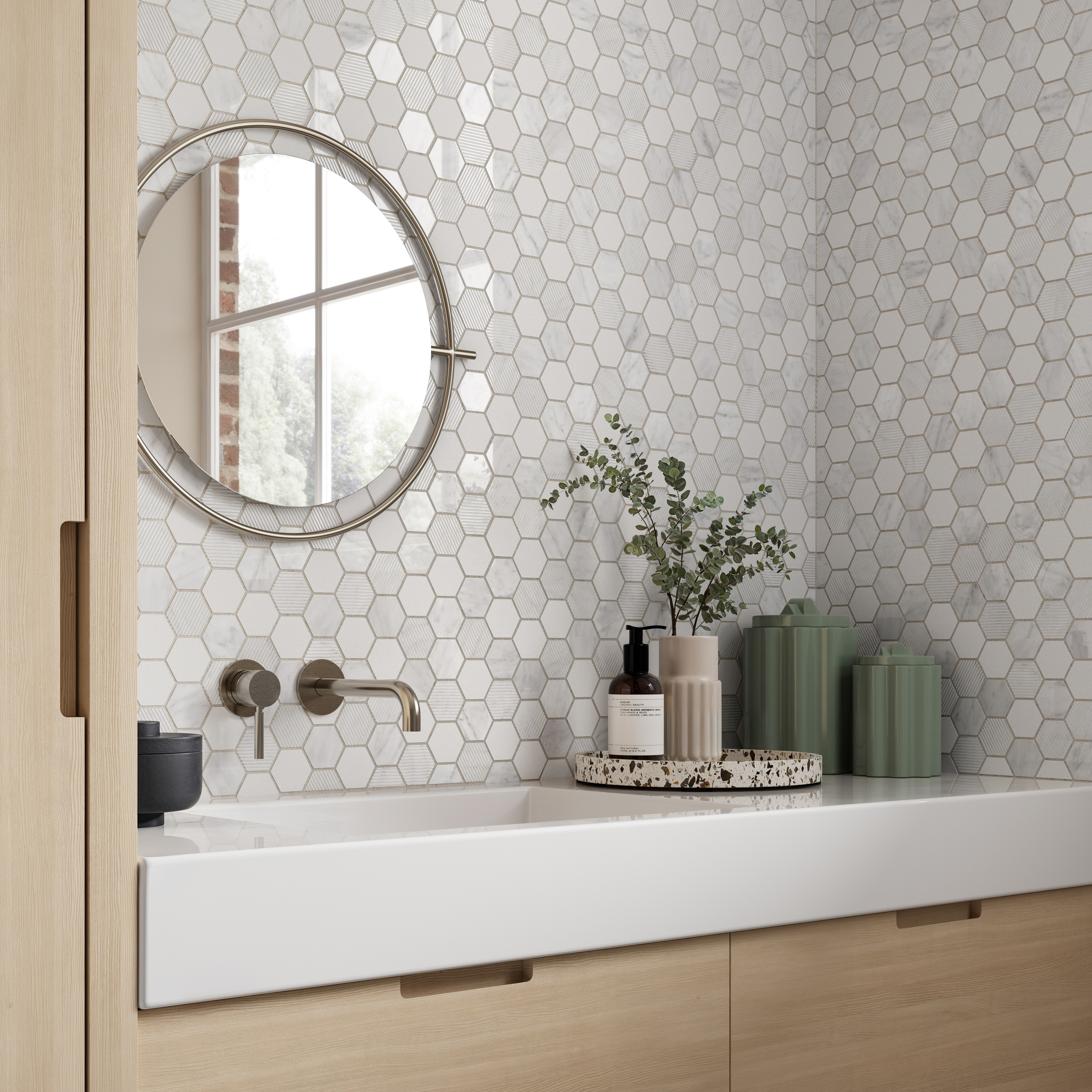 Wickes White Stone Hexagon Mixed Finish Marble Mosaic Tile Sheet - 320 x 315mm
