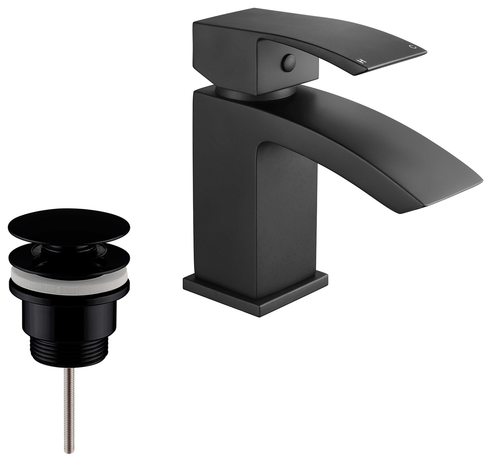 Balterley Contemporary Square Mono Basin Mixer With Push Button Waste - Matt Black