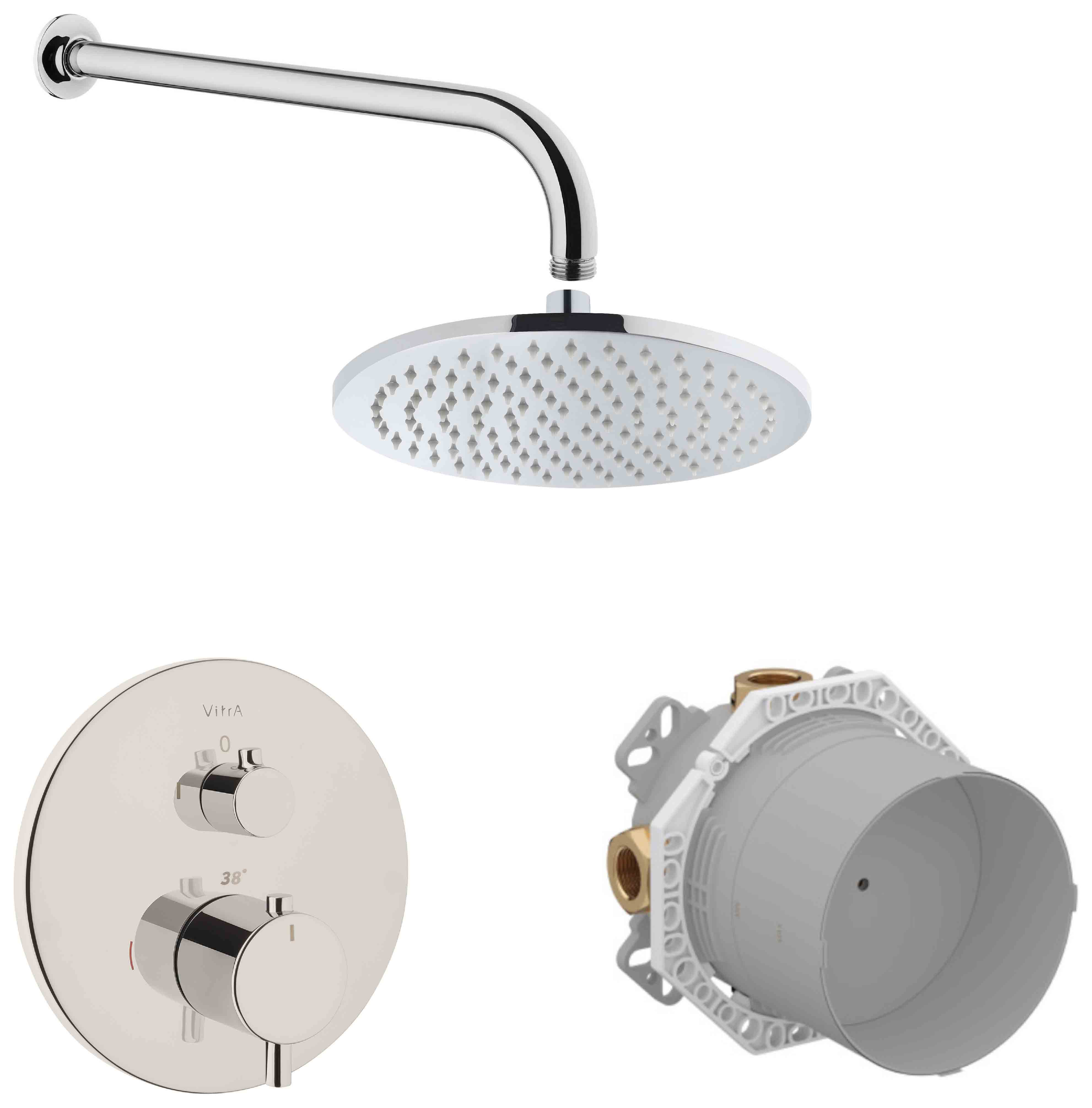 VitrA Origin 1 Outlet Built-In Round Mixer Shower Includes Shower Valve, Concealed Valve, Shower Head & Arm - Chrome