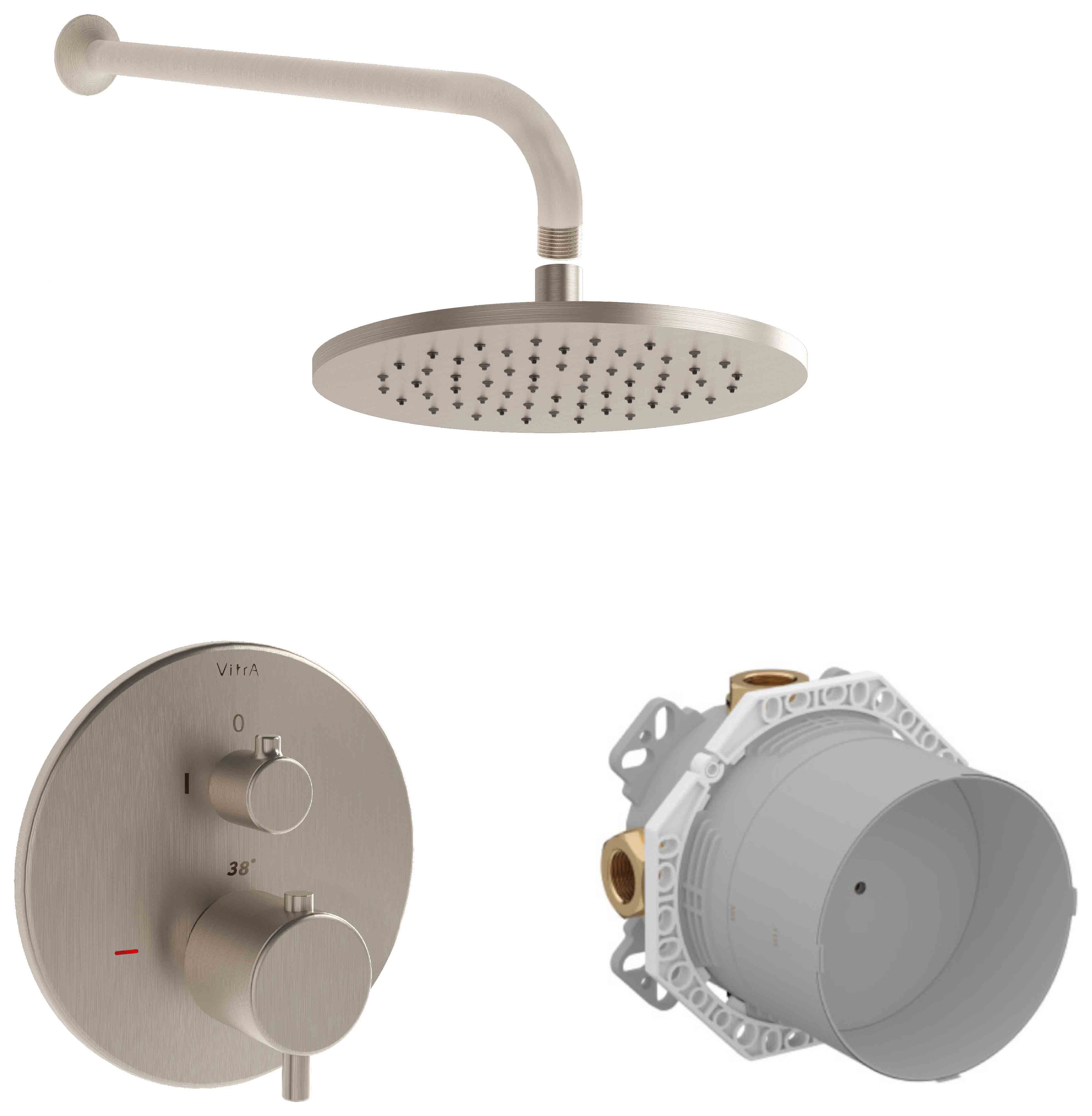 VitrA Origin 1 Outlet Built-In Round Mixer Shower Includes Shower Valve, Concealed Valve, Shower Head & Arm - Brushed Nickel
