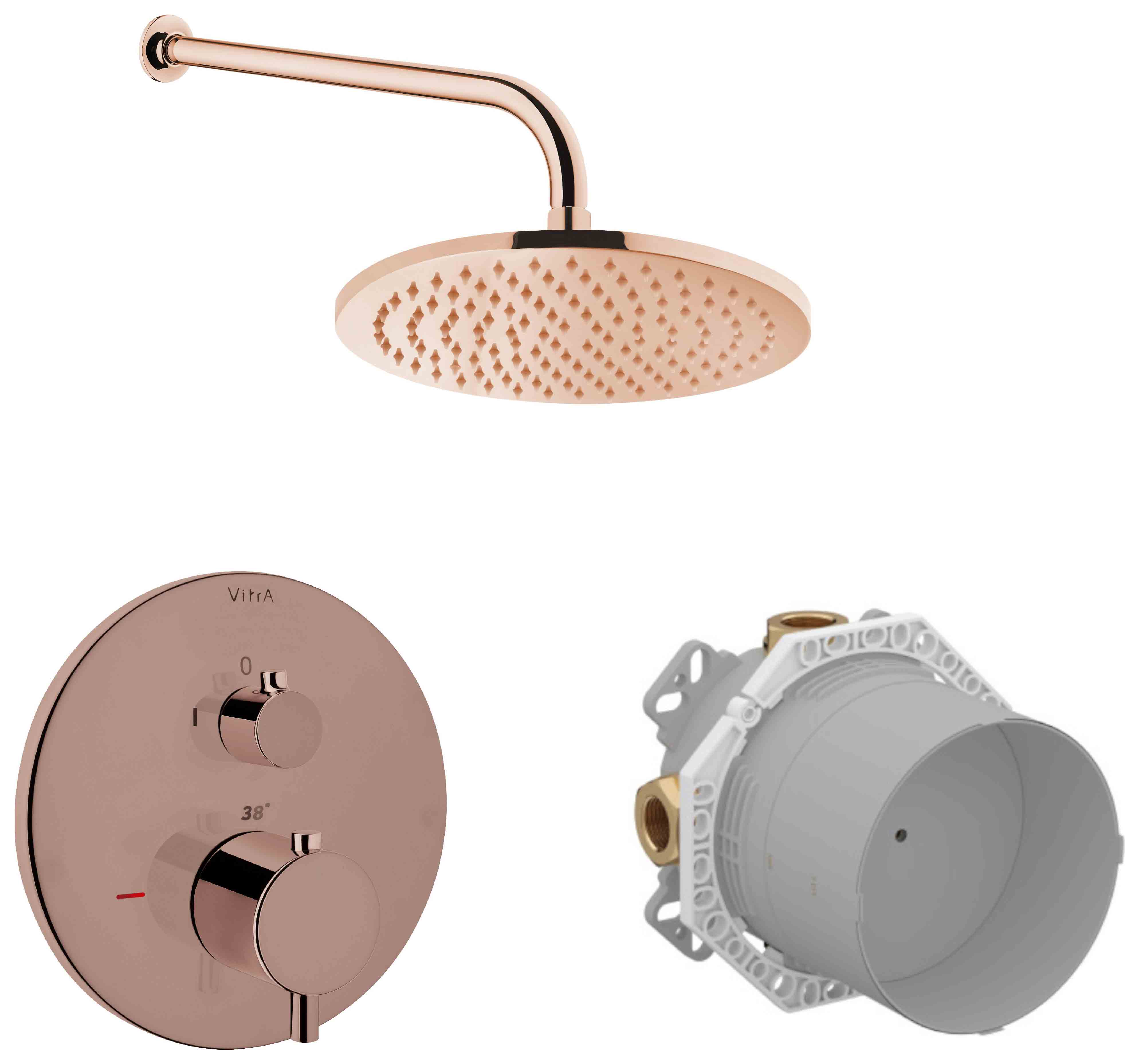VitrA Origin 1 Outlet Built-In Round Mixer Shower Includes Shower Valve, Concealed Valve, Shower Head & Arm - Soft Copper