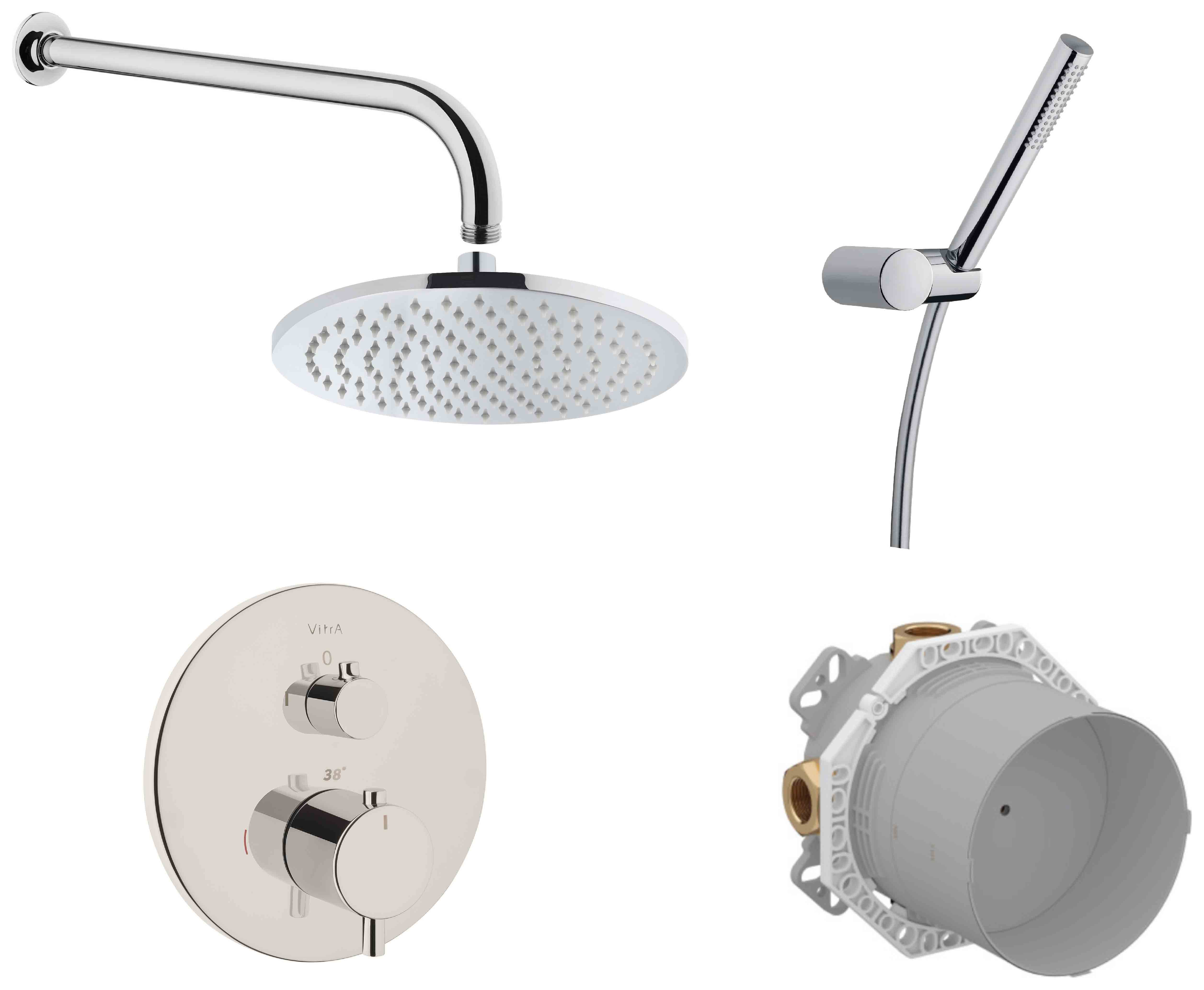 VitrA Origin 2 Outlet Built-In Round Mixer Shower Includes Shower Valve, Concealed Valve, Handset, Wall Outlet, Shower Head & Arm - Chrome