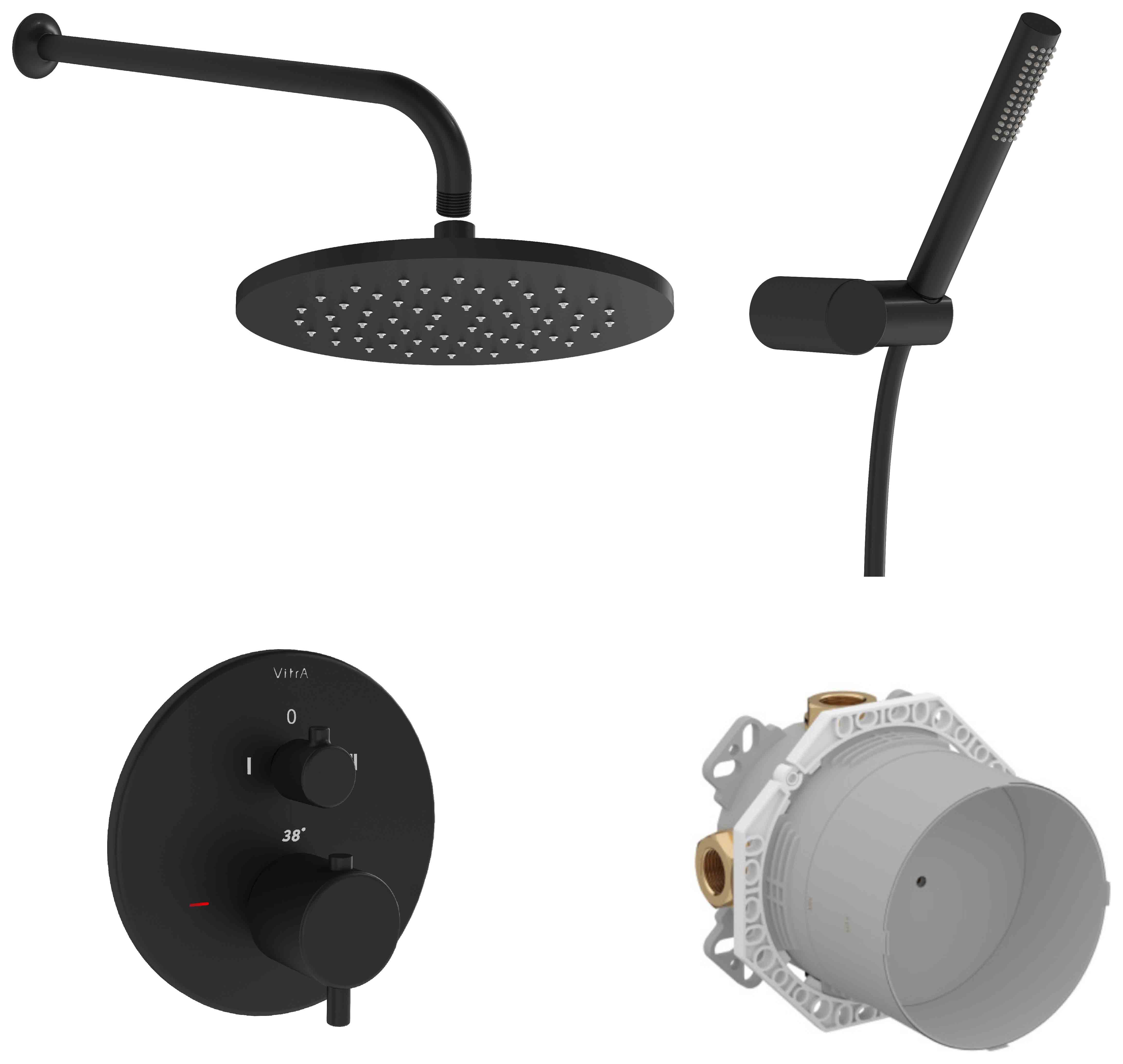VitrA Origin 2 Outlet Built-In Round Mixer Shower Includes Shower Valve, Concealed Valve, Handset, Wall Outlet, Shower Head & Arm - Matt Black