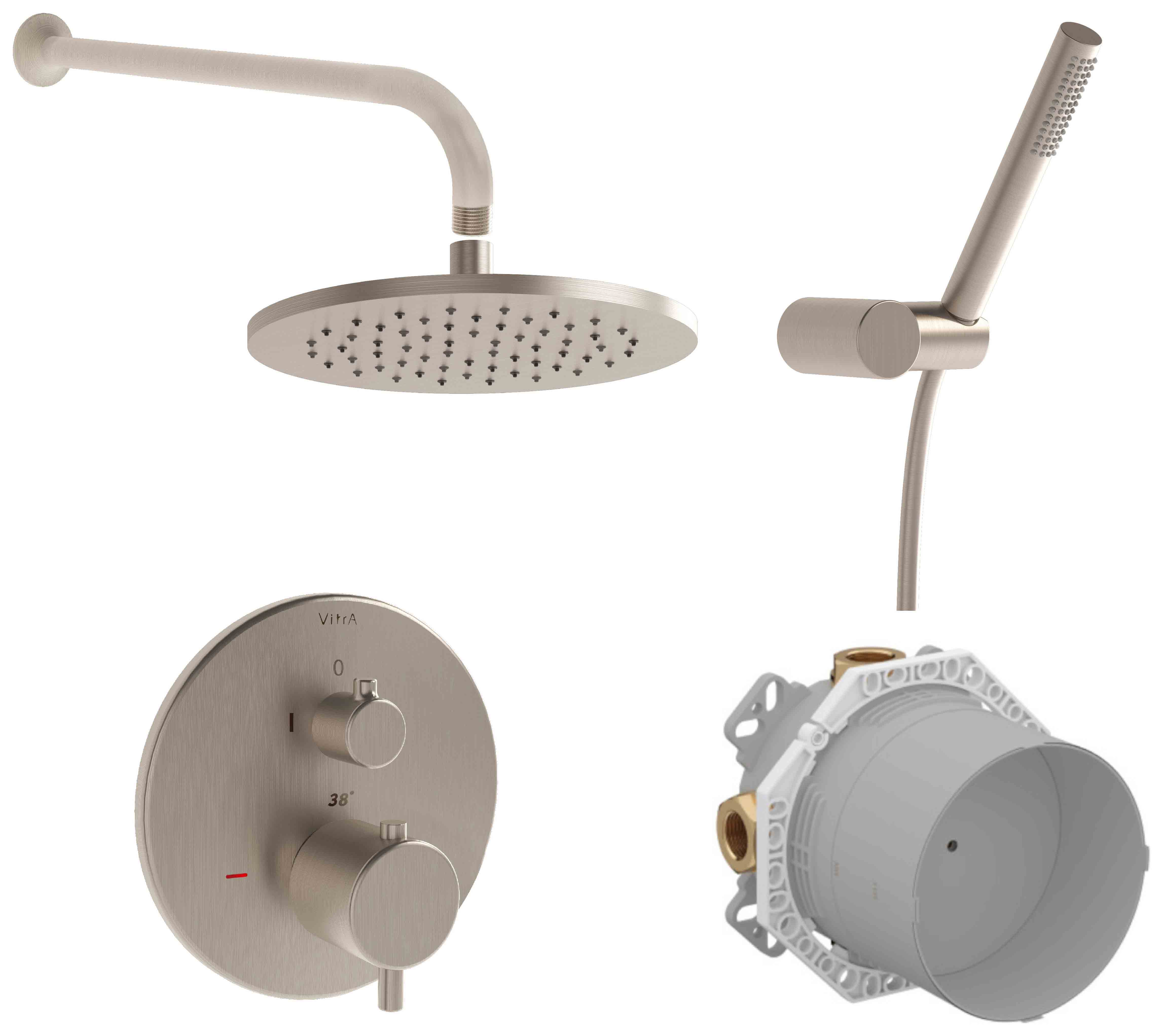 VitrA Origin 2 Outlet Built-In Round Mixer Shower Includes Shower Valve, Concealed Valve, Handset, Wall Outlet, Shower Head & Arm - Brushed Nickel