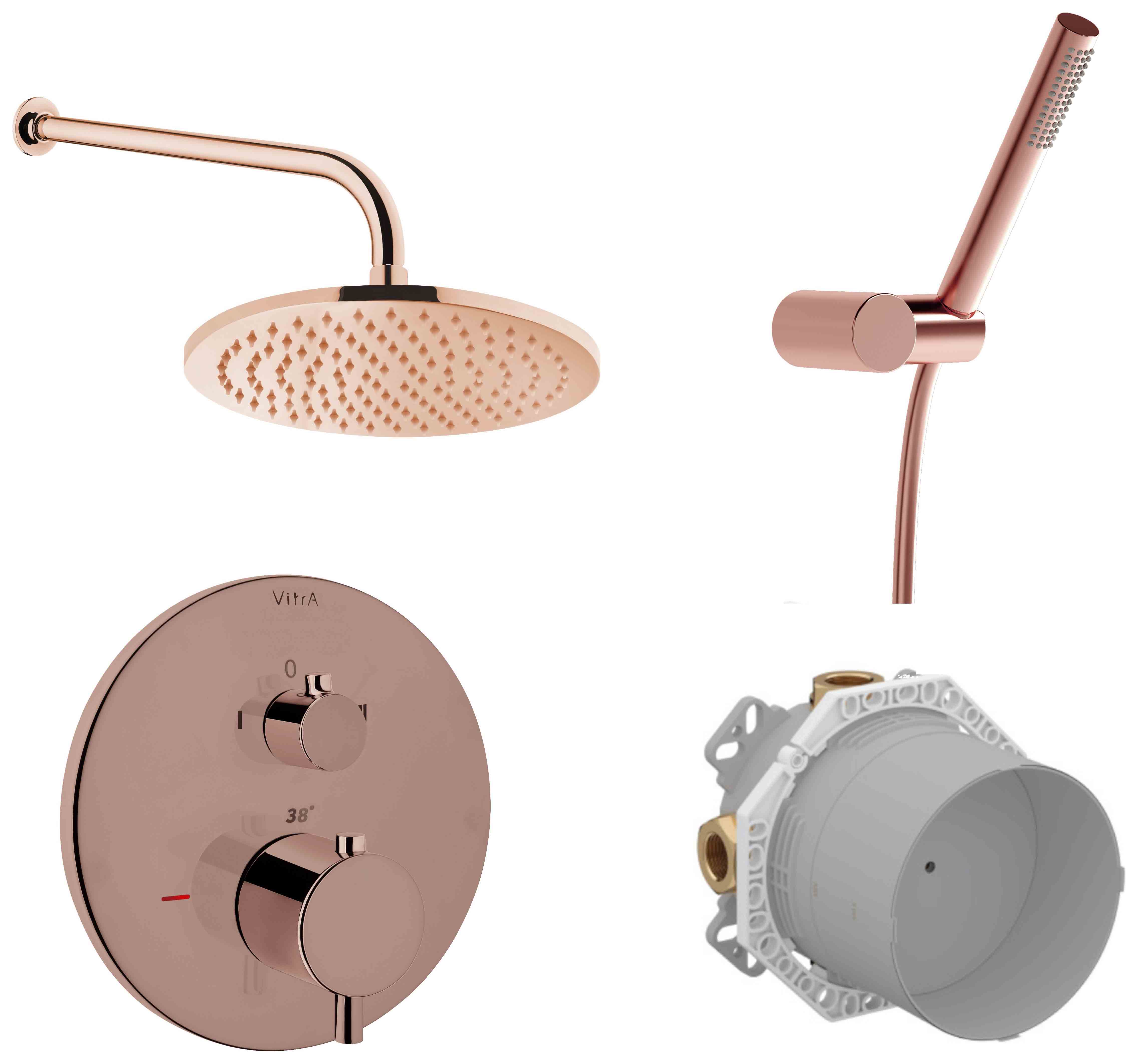 VitrA Origin 2 Outlet Built-In Round Mixer Shower Includes Shower Valve, Concealed Valve, Handset, Wall Outlet, Shower Head & Arm - Soft Copper